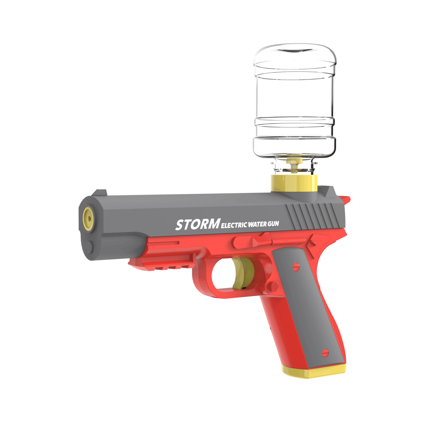 Red, gray, and yellow toy water gun with a clear water bottle on top, isolated on white.