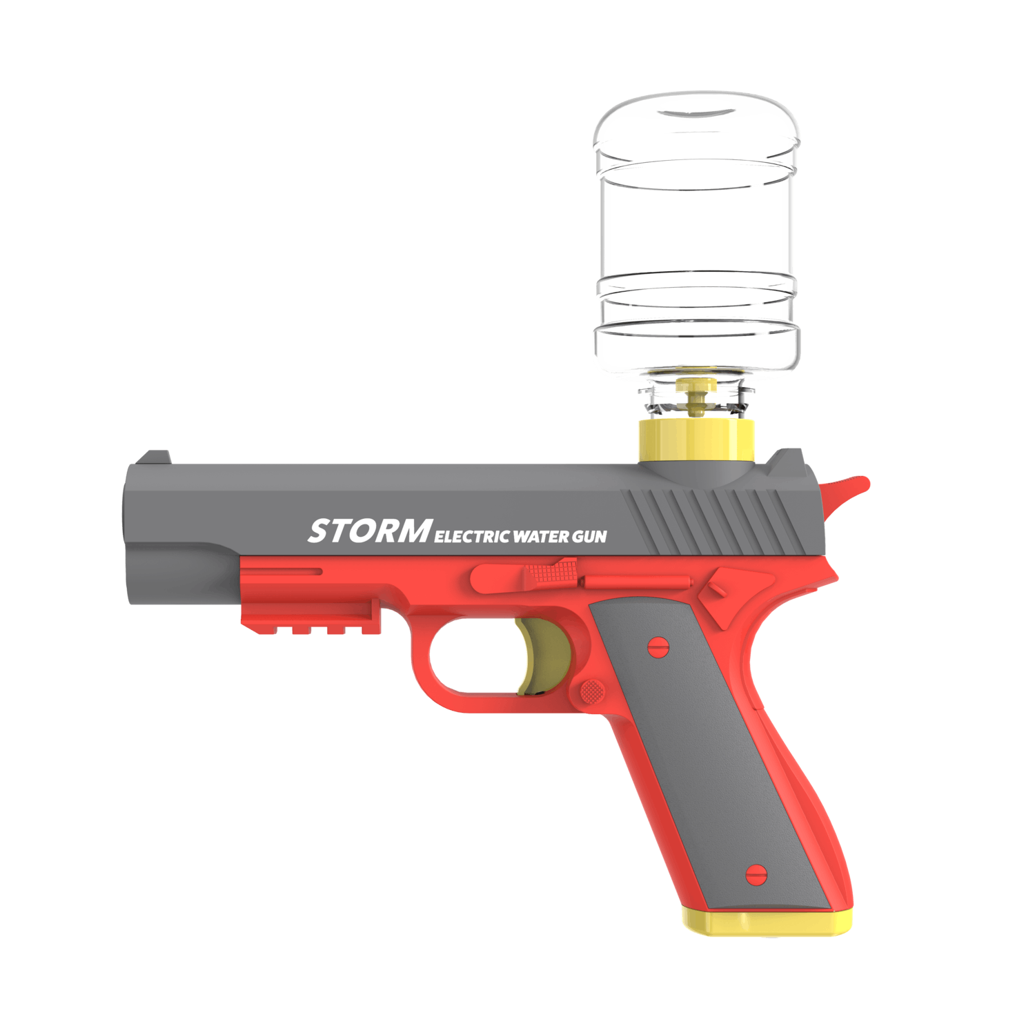 Red and gray water gun with a clear water bottle on top. The gun has a yellow trigger and handle base.