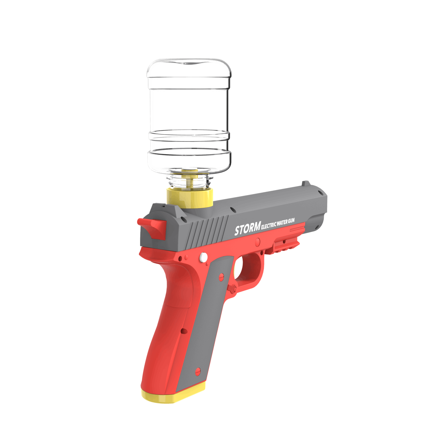 A red, gray, and yellow water gun with a clear water bottle on top, labeled 'STORM ELECTRIC WATER GUN'.