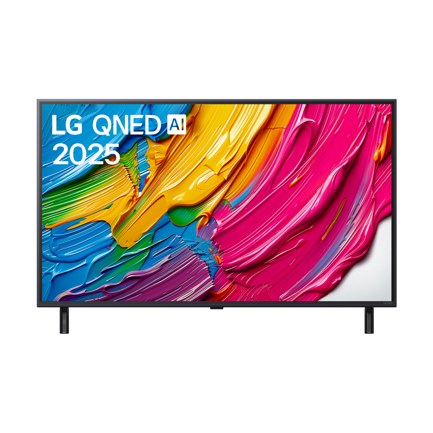 TV LG QNED AI 2025. Sfondo astratto colorato. Supporto nero. Cornice nera.