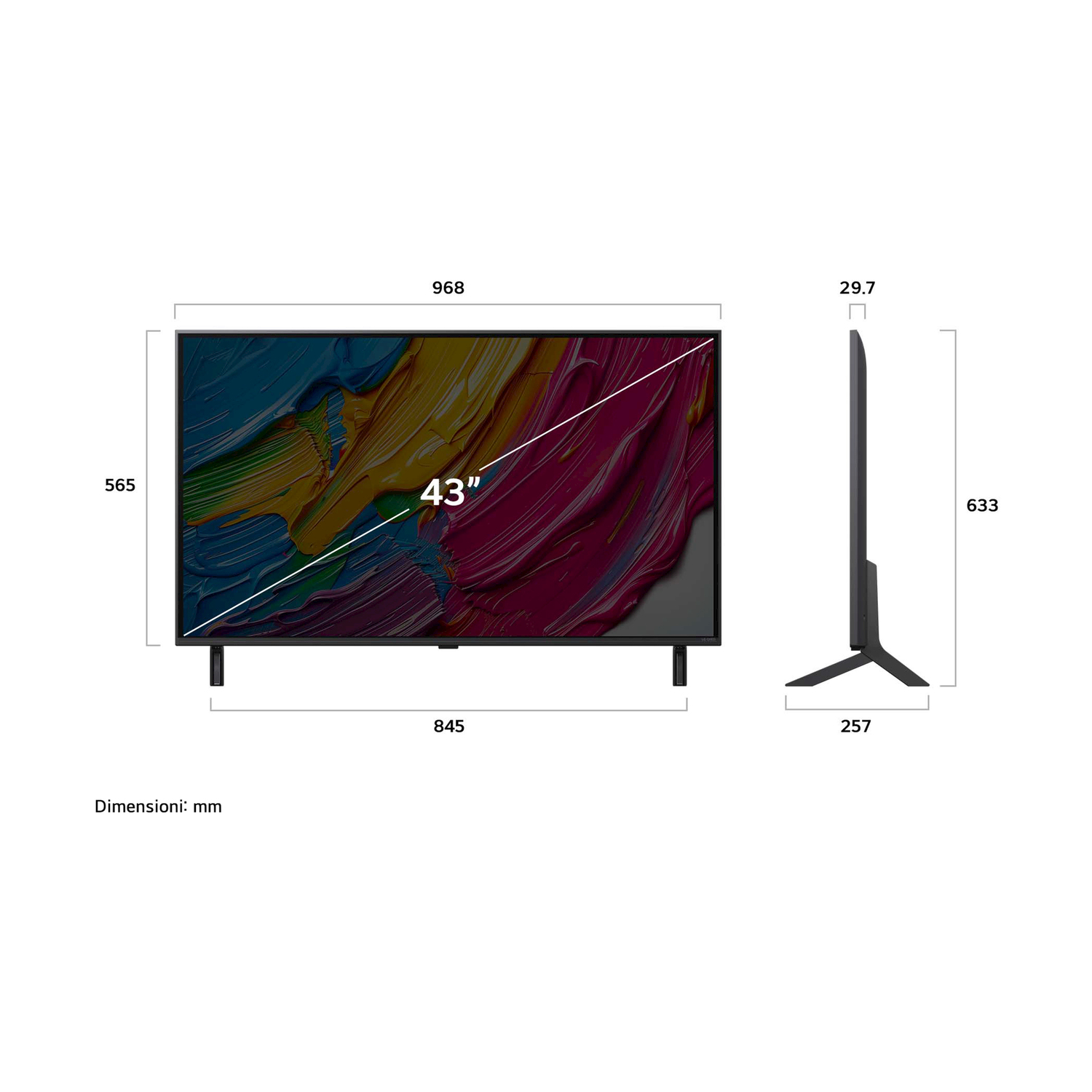 Diagramma delle dimensioni del TV che mostra viste frontali e laterali con misure.