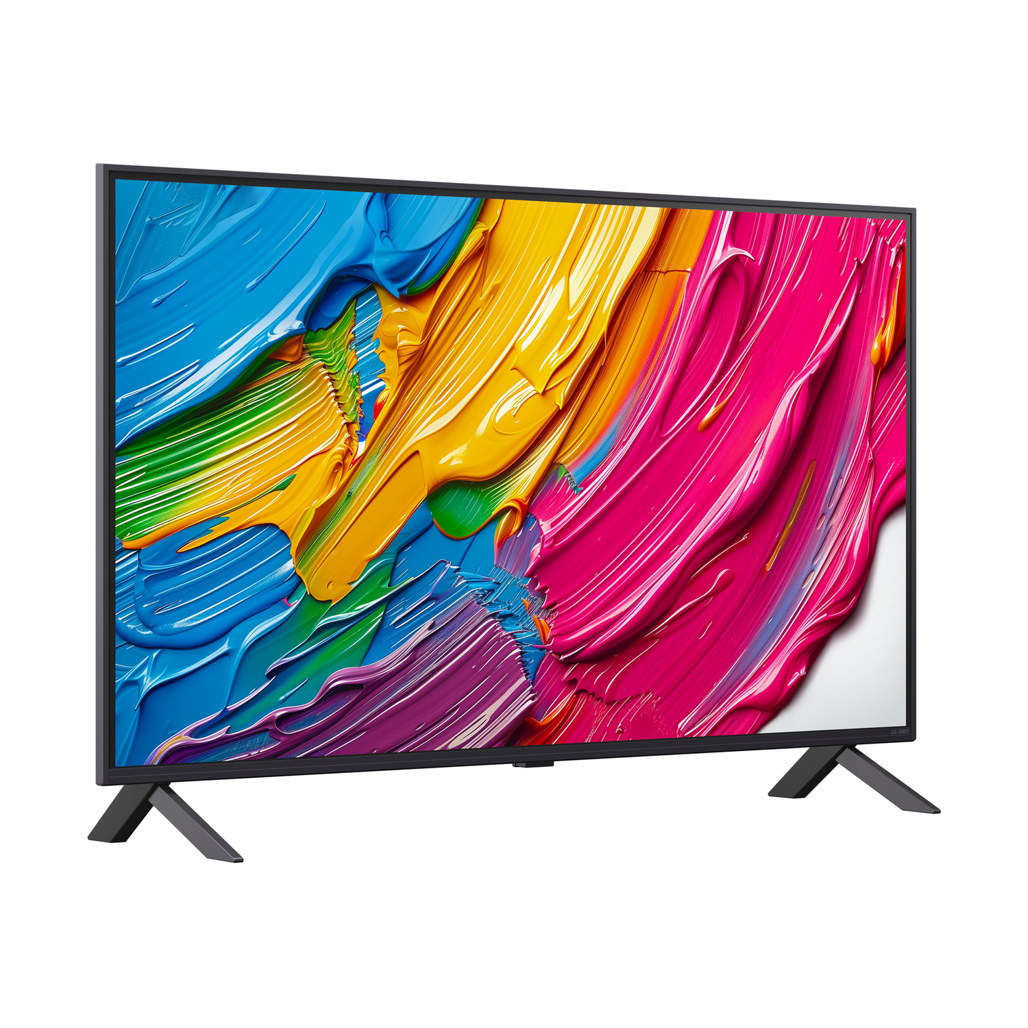 Una TV nera con forme astratte colorate sullo schermo, su sfondo bianco.