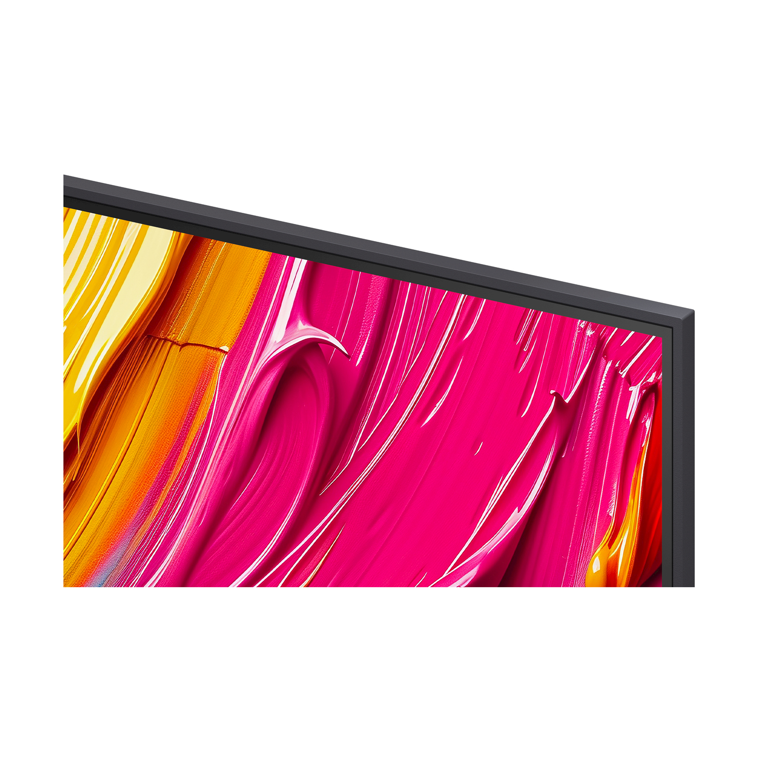 Primo piano di un angolo dello schermo TV che mostra arte astratta con pennellate rosa e gialle.