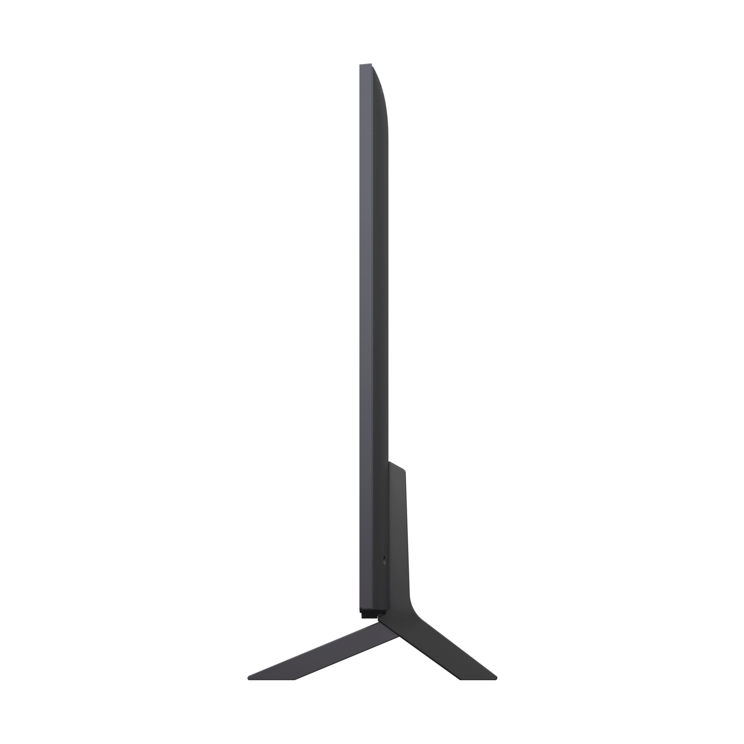 Vista laterale di una TV grigia su sfondo bianco. La TV è su un supporto.