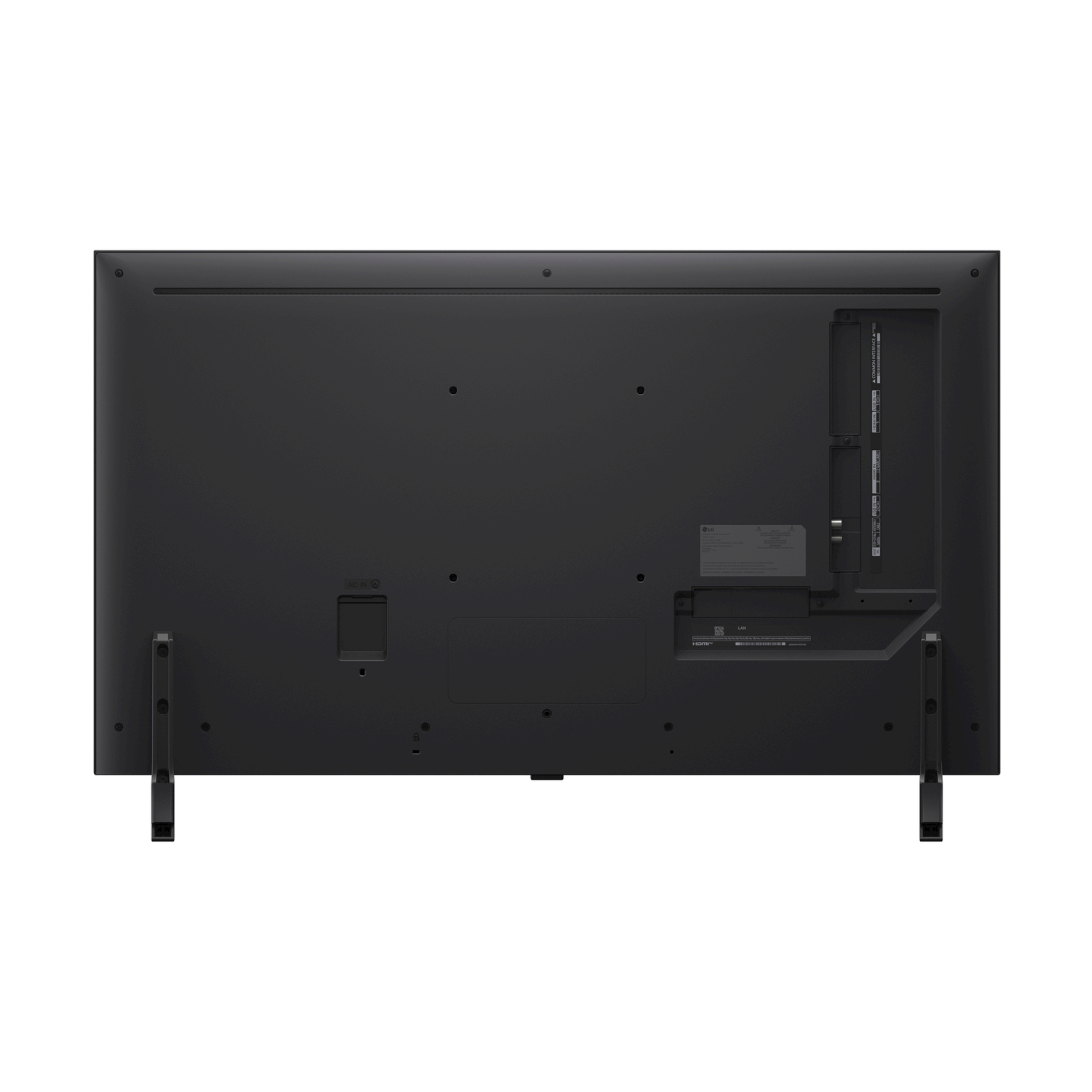 Retro di una grande TV nera che mostra le porte. Le porte includono HDMI, USB e altro.