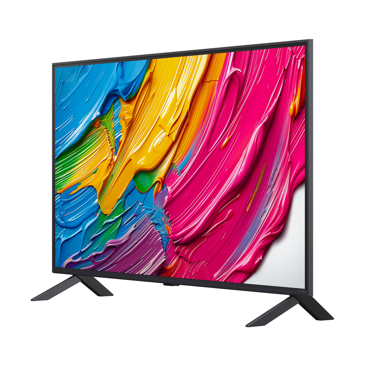 Uno schermo TV che mostra un dipinto astratto colorato, su sfondo bianco.