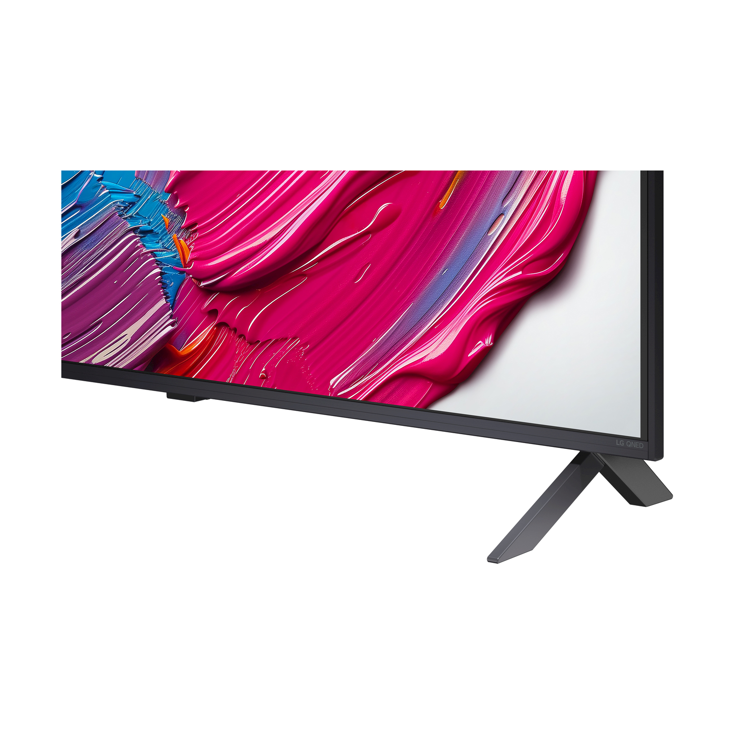 Primo piano di TV LG che mostra arte astratta colorata con il supporto in primo piano.