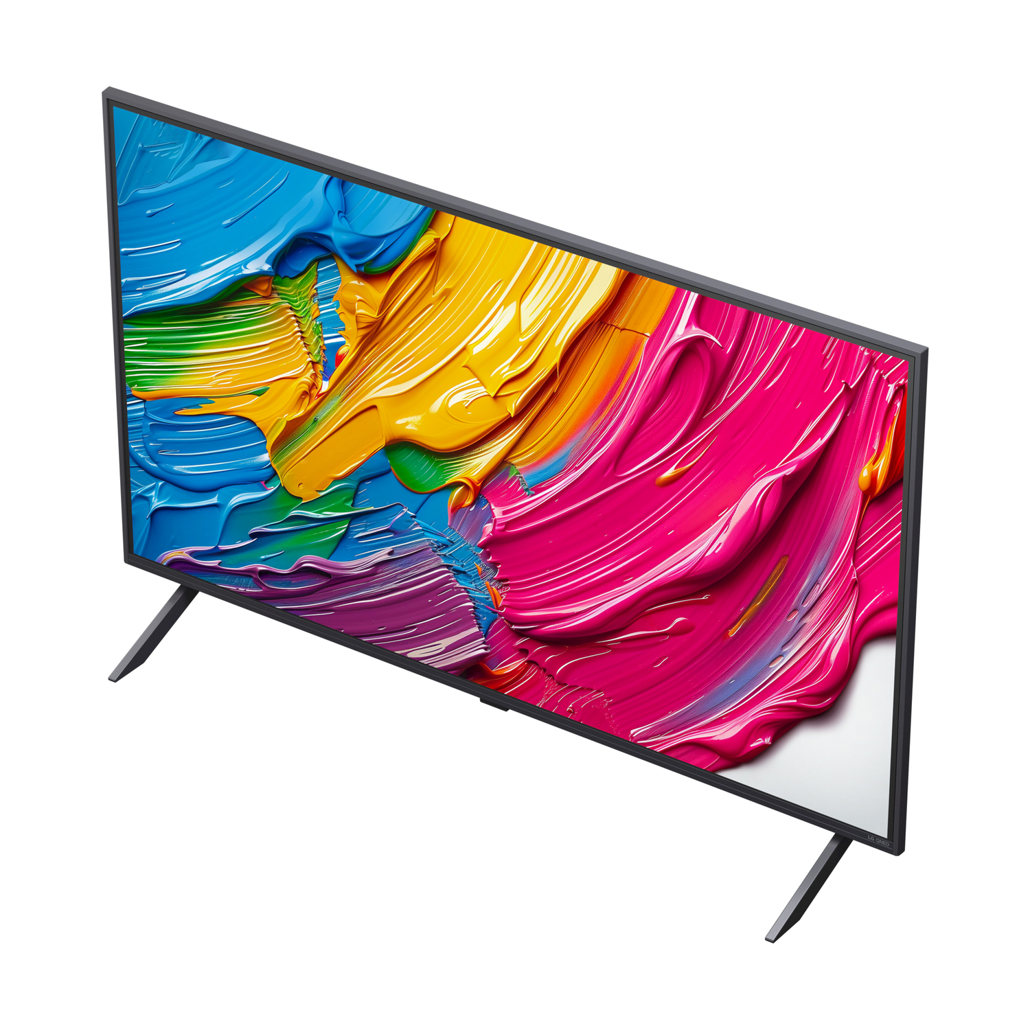 TV dall'alto con arte astratta colorata sullo schermo. Cornice e supporto neri.
