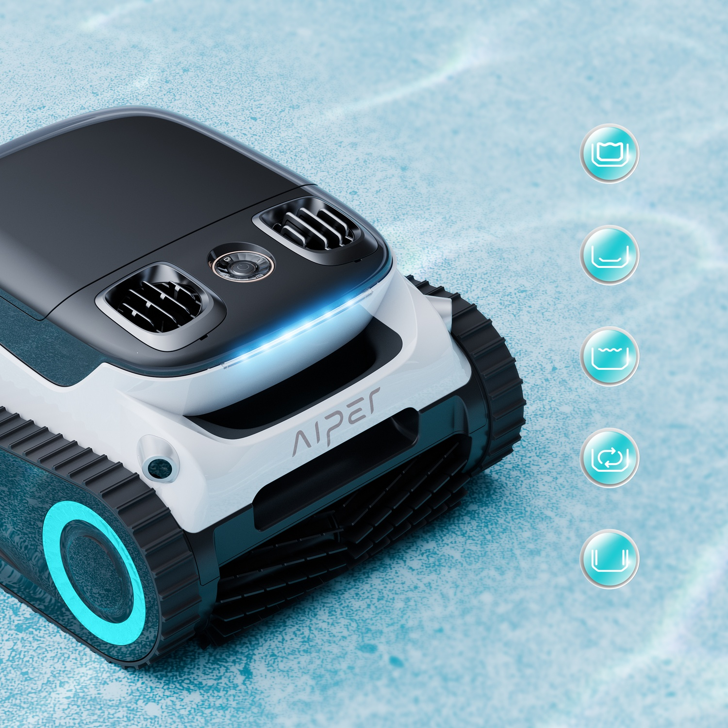 Un pulitore per piscina è sull'acqua. È bianco e nero con luci blu sulle ruote.