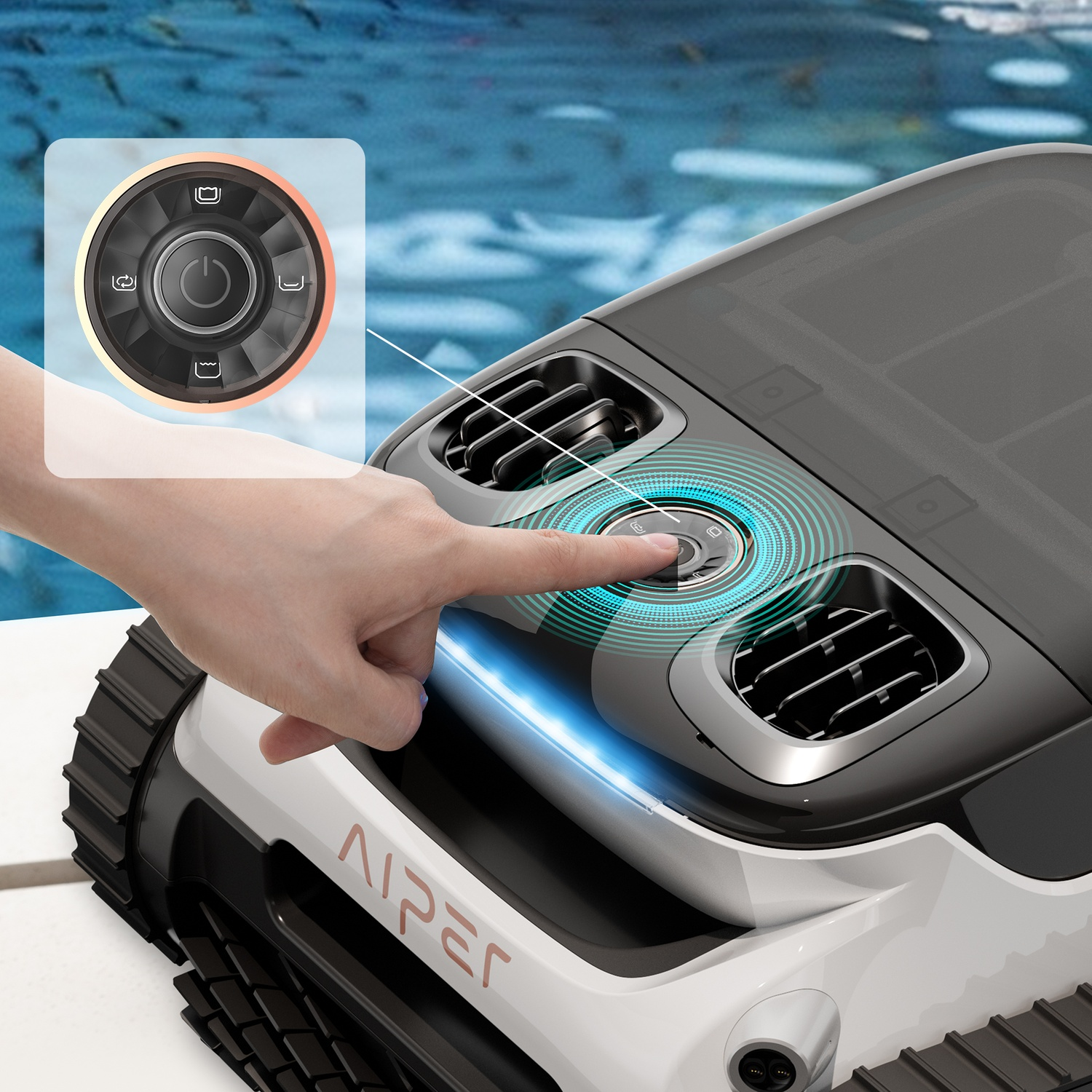 Robot Aiper con una mano che tocca un pulsante. Testo: Aiper. Sfondo acqua blu.