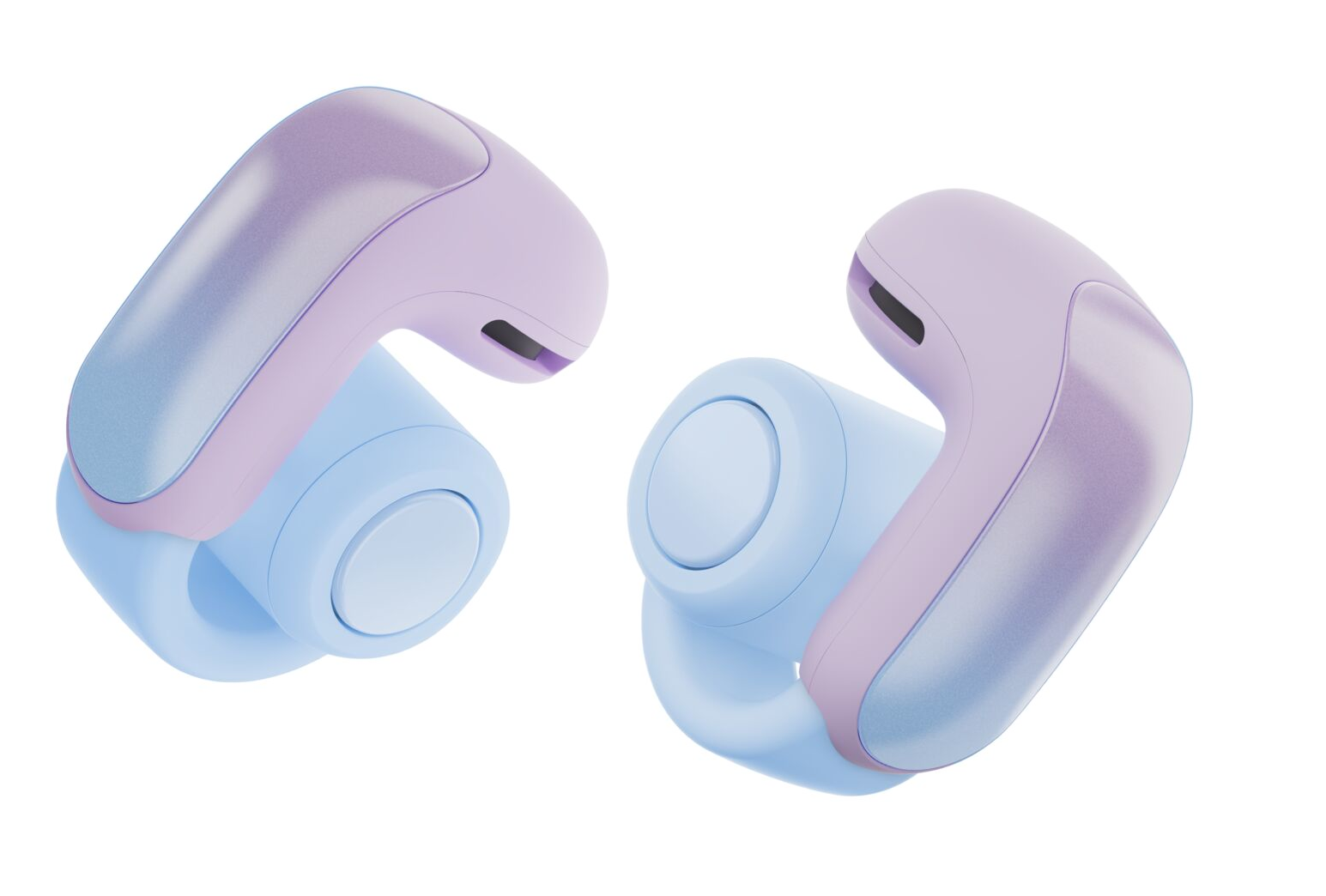 Dwa bezprzewodowe słuchawki douszne, niebieskie i fioletowe. Widok z kąta, na czarnym tle.