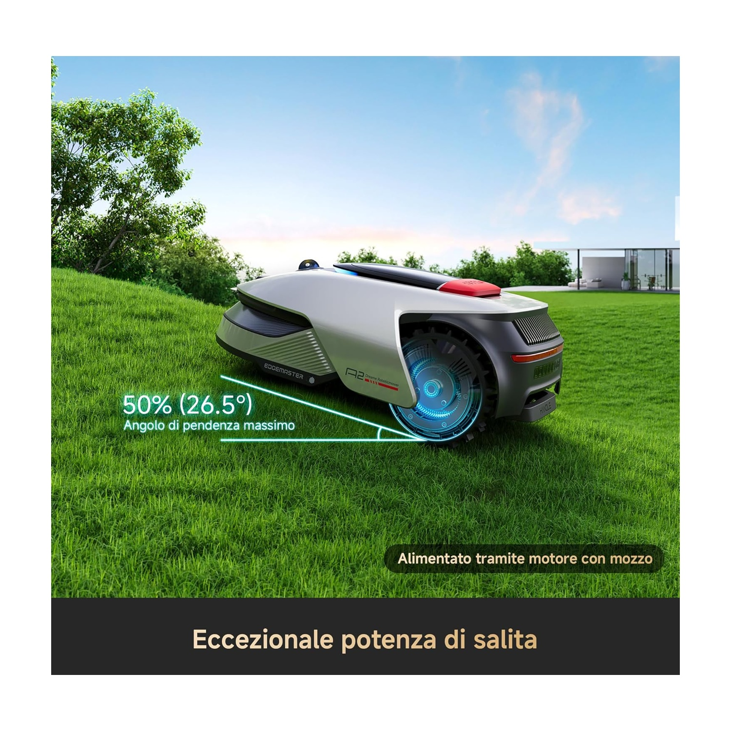 Un tosaerba robotico su un prato verde con testo e cielo blu.
