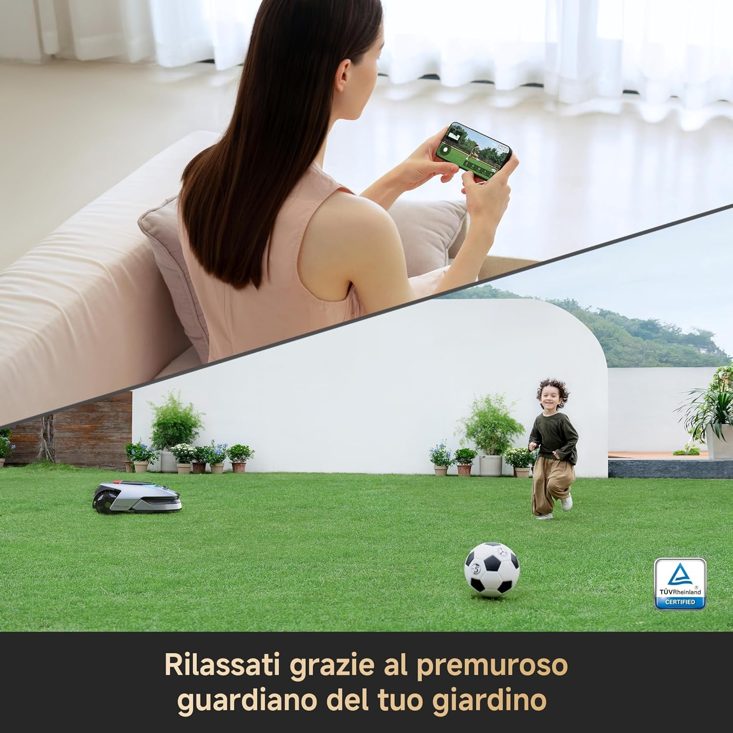 Una donna usa il telefono, un robot taglia l'erba, un bambino gioca a calcio.
