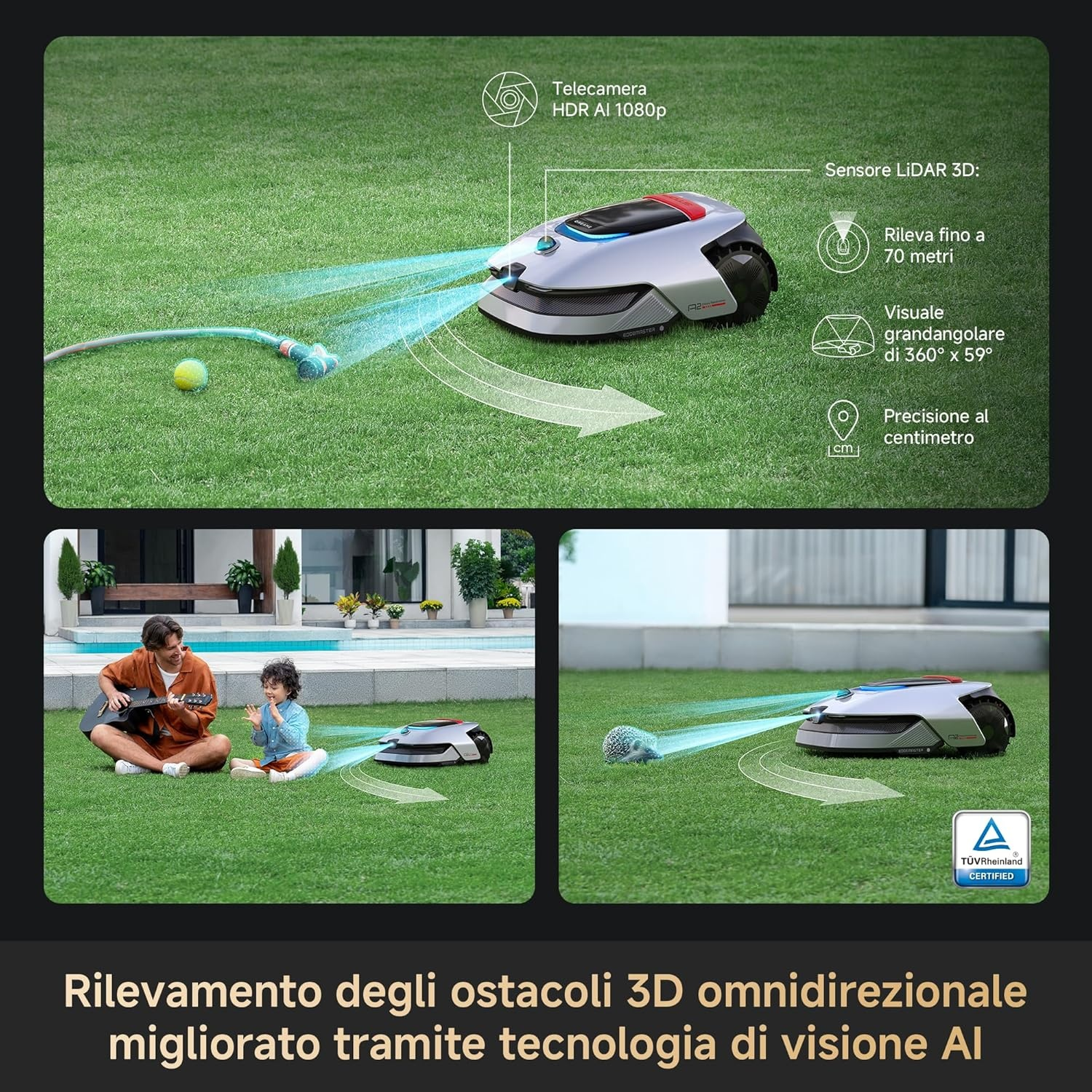 Un'immagine di un tosaerba e di una coppia che gioca.