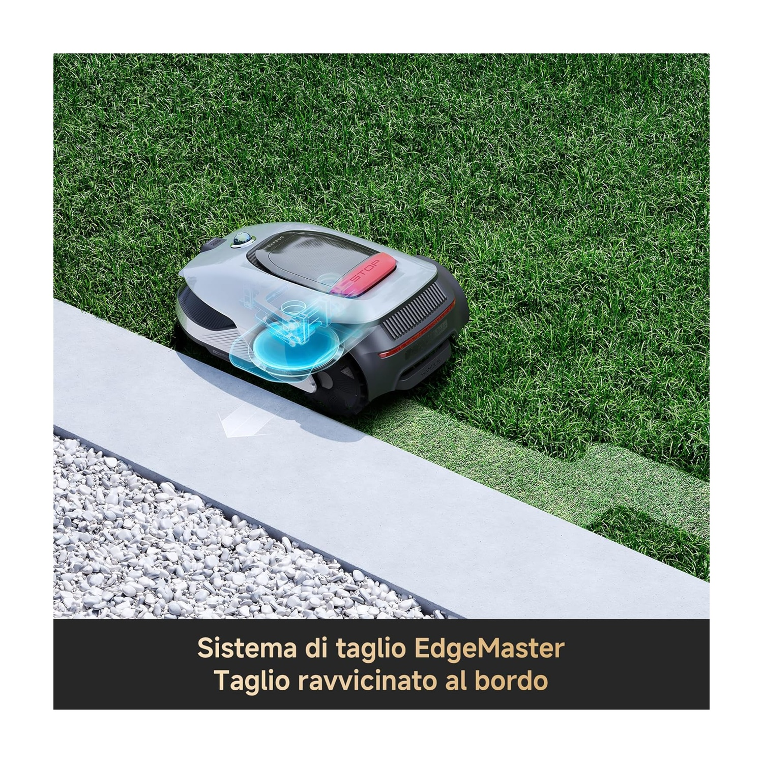 Un tosaerba robotico su un prato. Sta tagliando l'erba e ha un sistema per il taglio dei bordi.