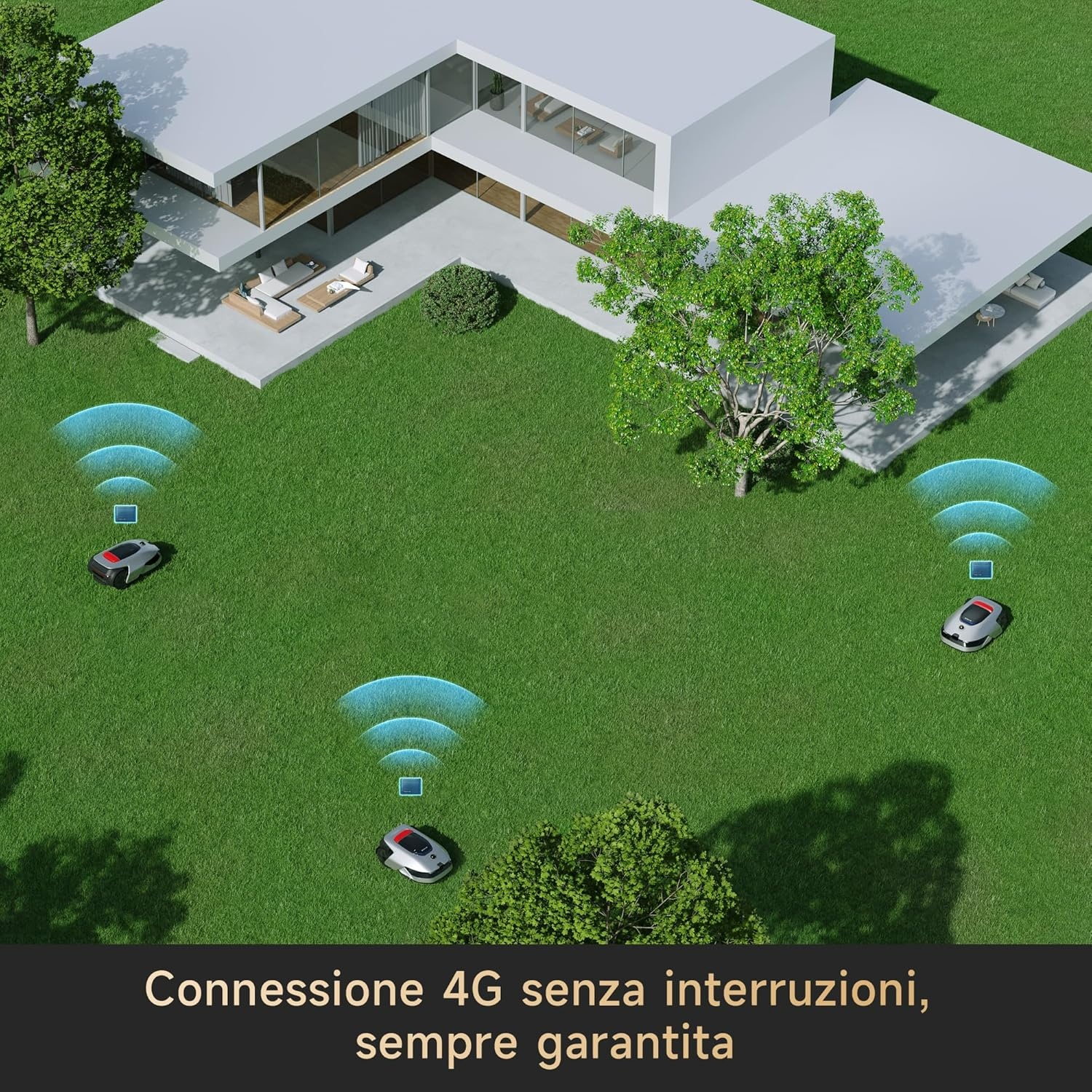 Un prato con tre robot tagliaerba. Una casa e alberi sullo sfondo. Testo in basso.