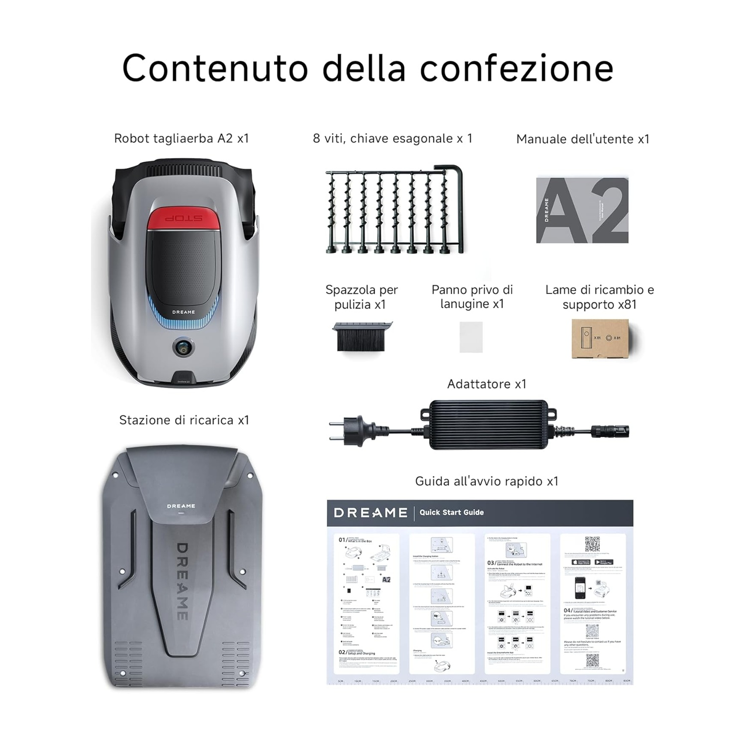 Immagine di parti di robot aspirapolvere. La scatola include aspirapolvere, stazione di ricarica e accessori.