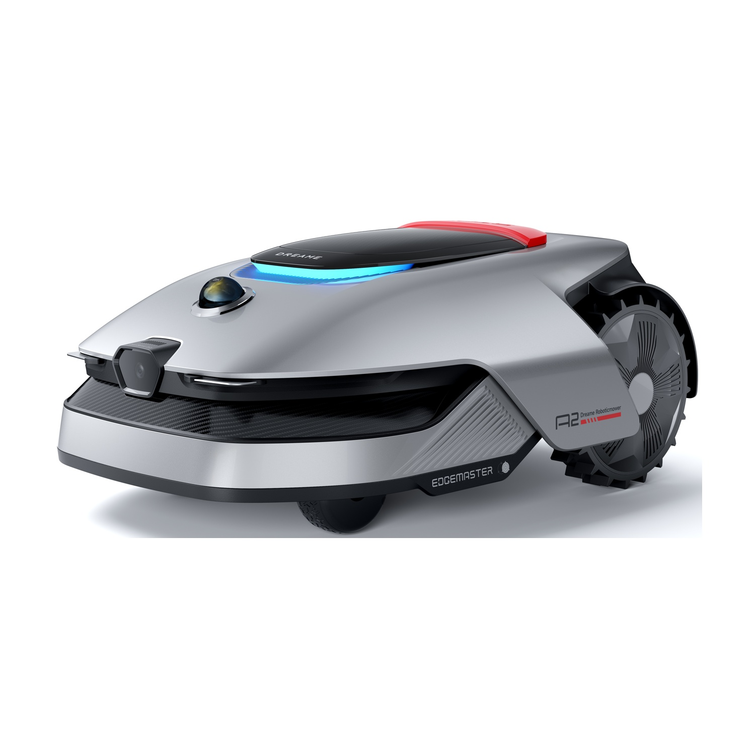 Tosaerba robotico argentato su sfondo bianco. Ha una ruota nera e un accento rosso.