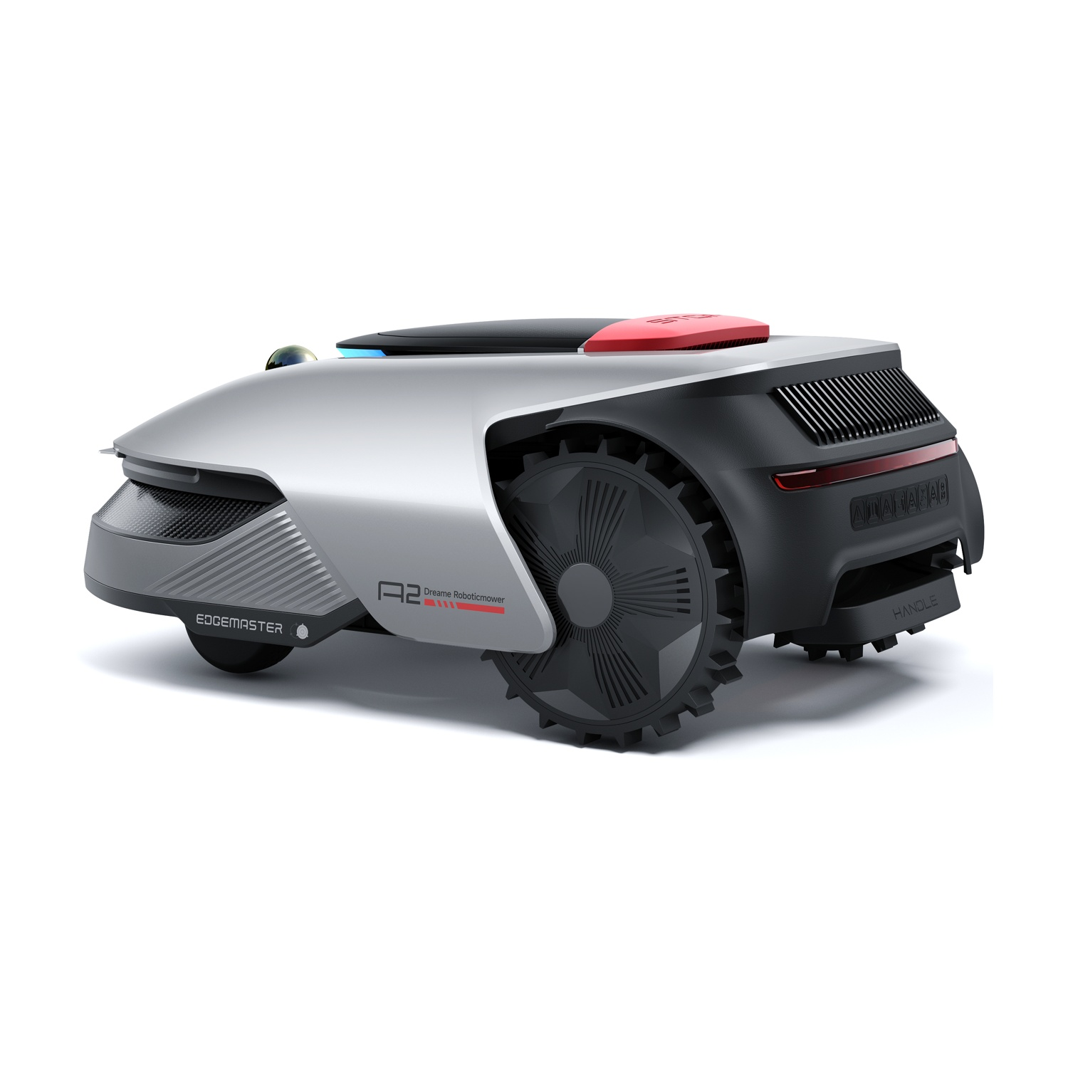 Tagliaerba robotico argento e nero, vista laterale, su sfondo bianco.