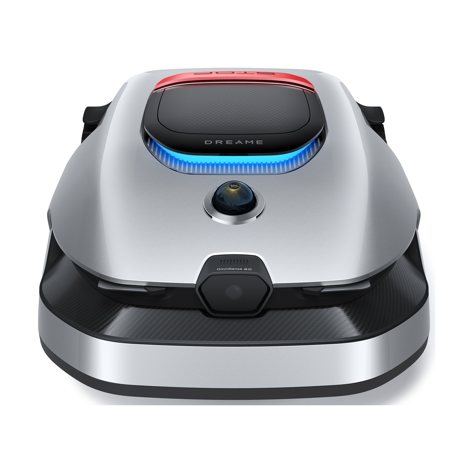 Tosaerba robotico argentato con luci blu, parte superiore rossa e base nera, su sfondo bianco.