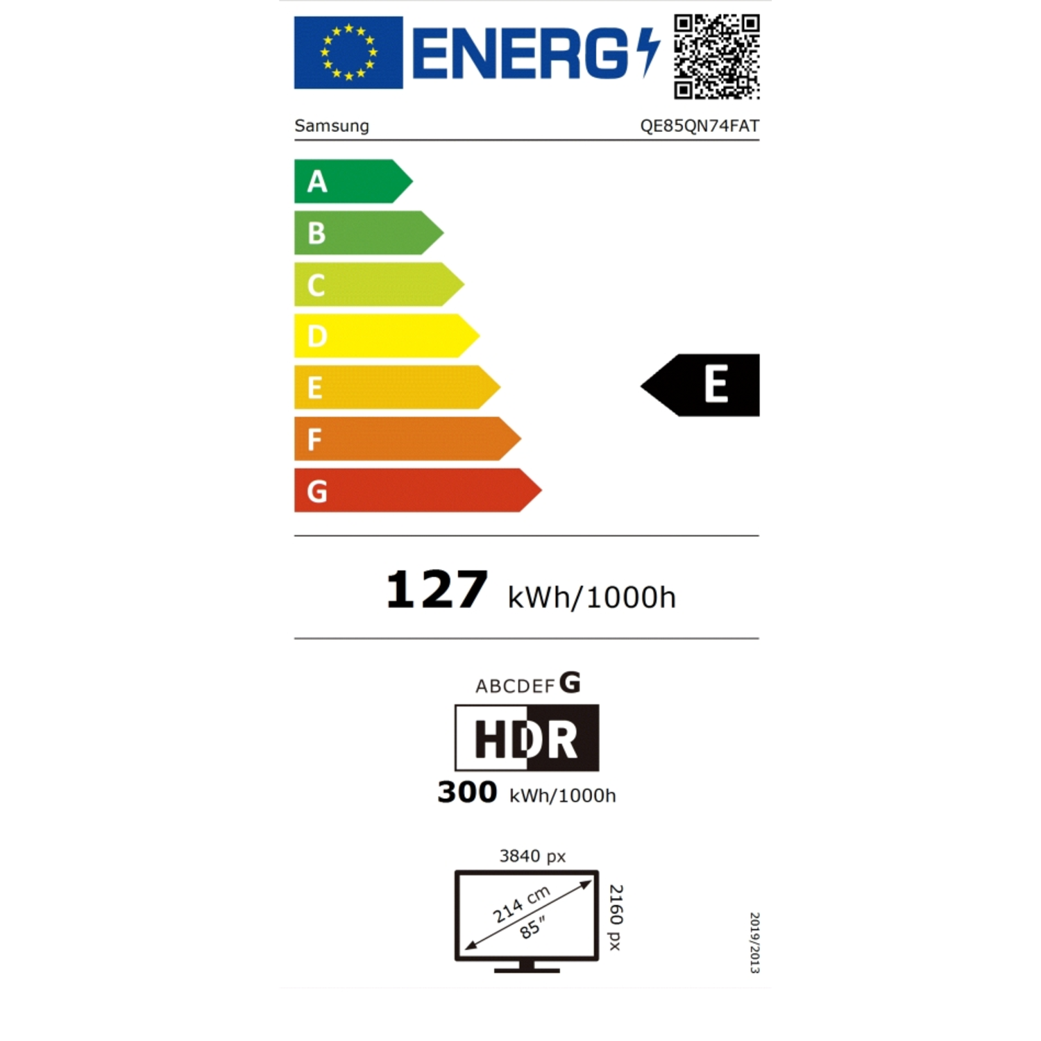 Étiquette énergétique d'un téléviseur. Elle affiche la classe E d'efficacité énergétique et d'autres détails.