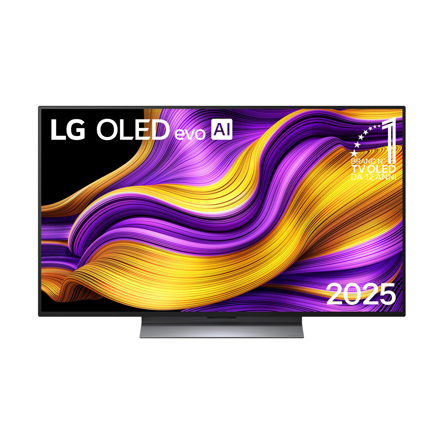 TV LG OLED evo AI 2025 su supporto, con display astratto colorato e branding.