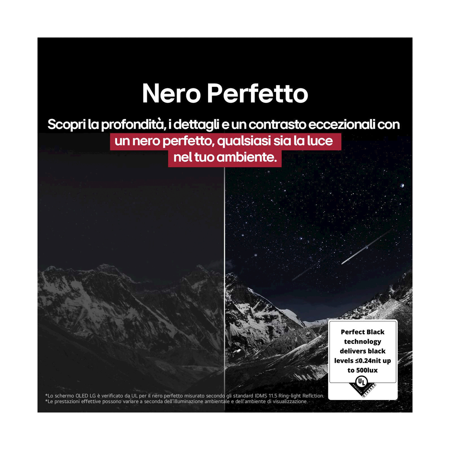 Un display mostra uno schermo nero perfetto con stelle e montagne, dimostrando un eccellente contrasto.