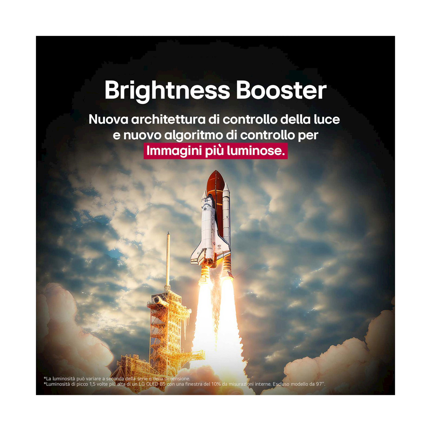 Uno space shuttle in lancio con testo sul brightness booster in italiano.