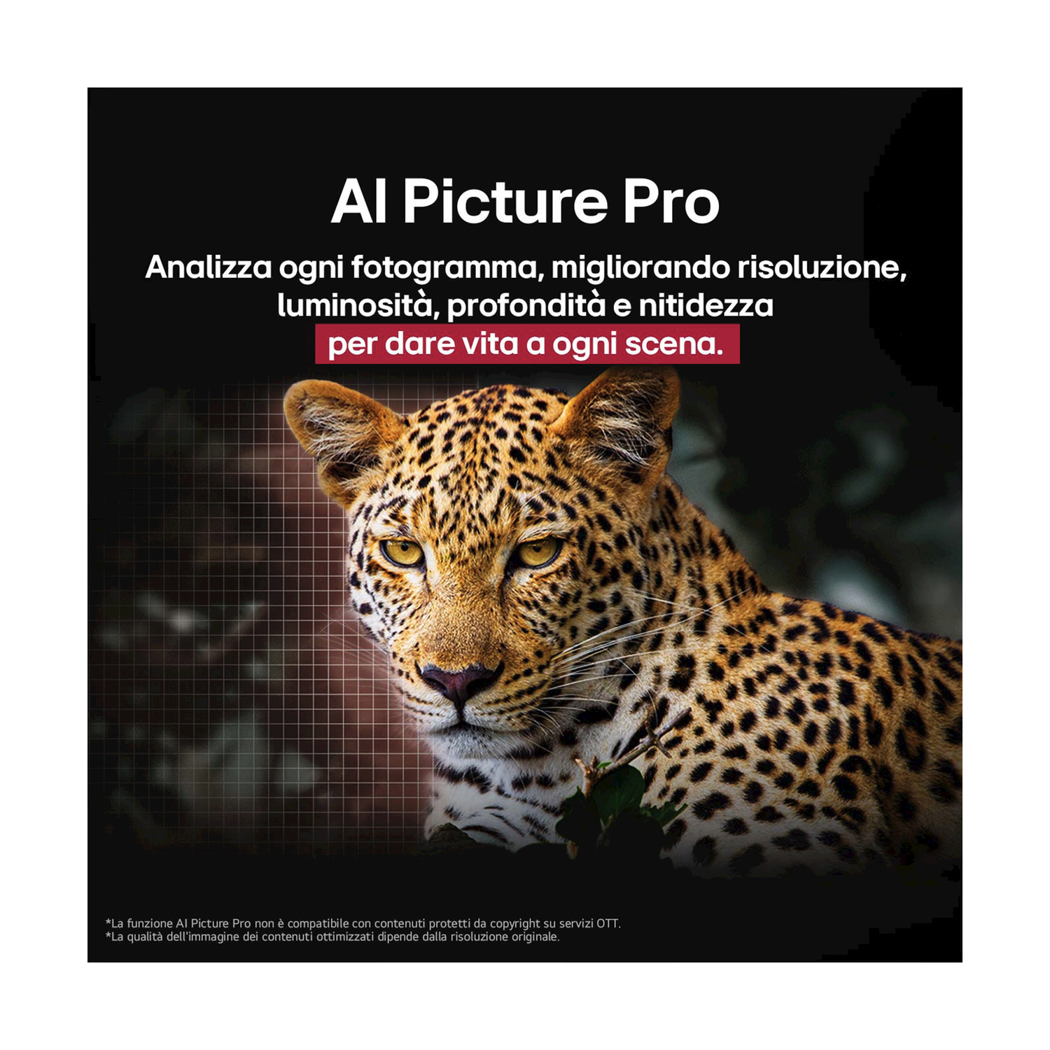 Leopardo in un'immagine, testo AI Picture Pro, sfondo scuro con griglia.