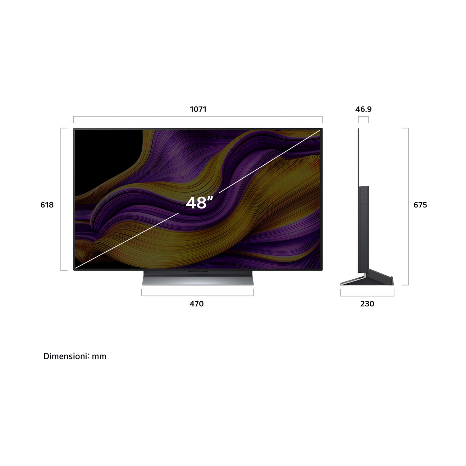 Una TV con dimensioni visualizzate. Sono mostrate una vista frontale e laterale.