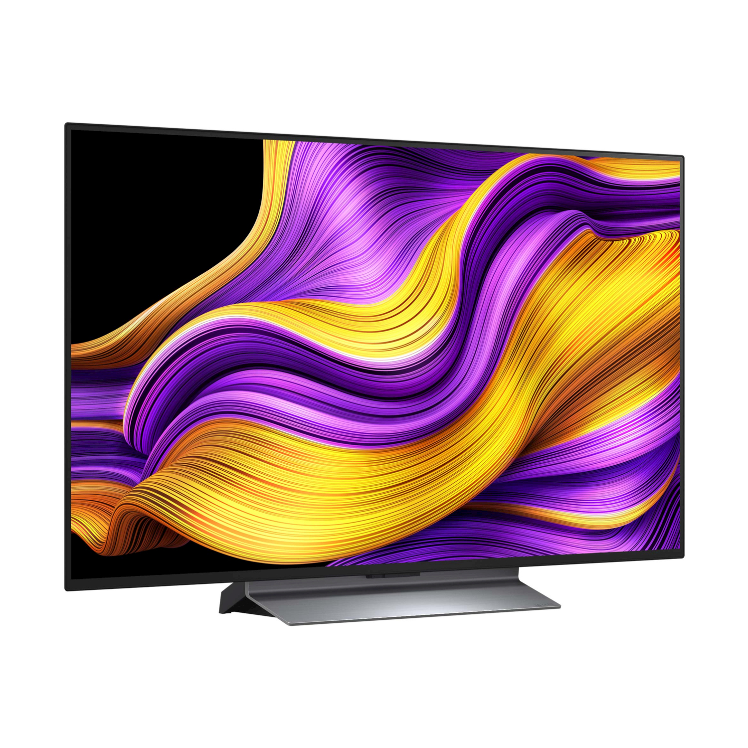 Un televisore moderno che mostra un design astratto, giallo e viola ondulato.