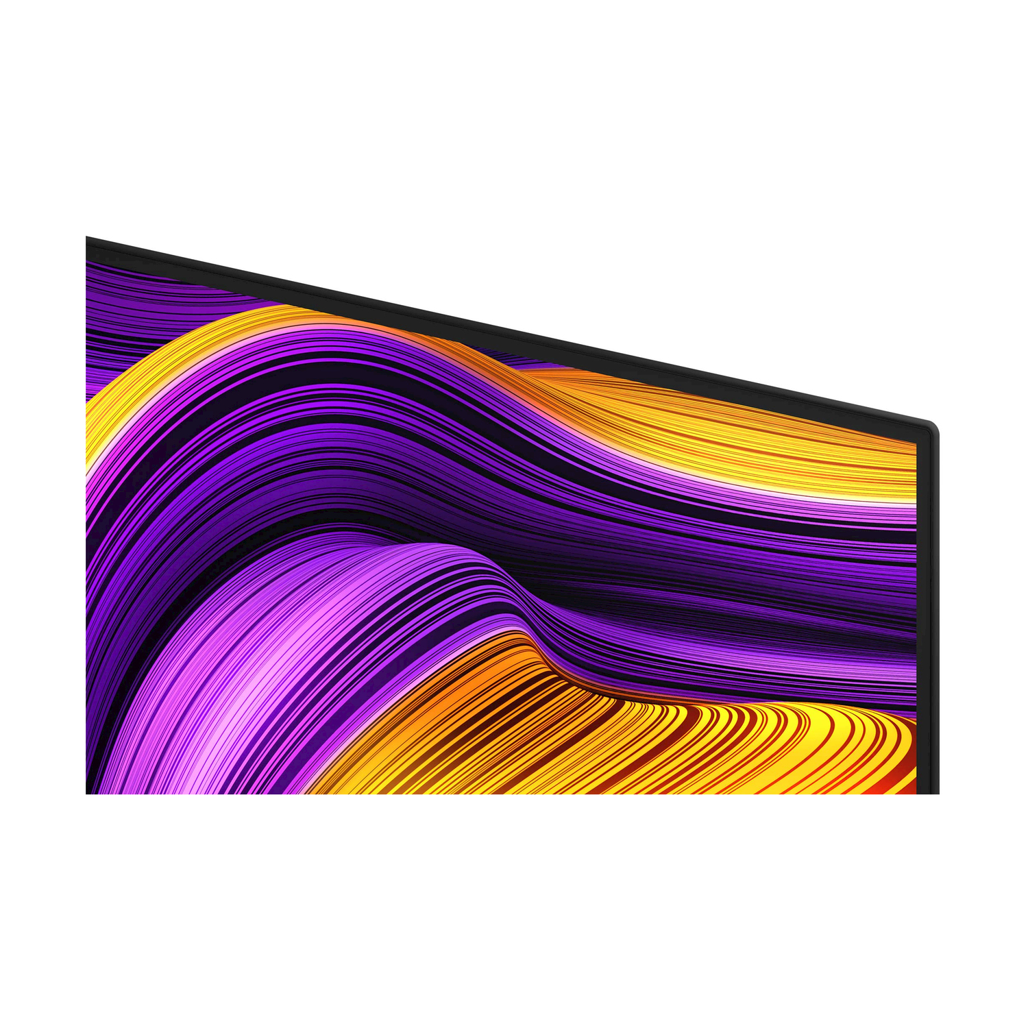 Schermo TV che mostra un design astratto e colorato con linee ondulate viola, arancioni e gialle.