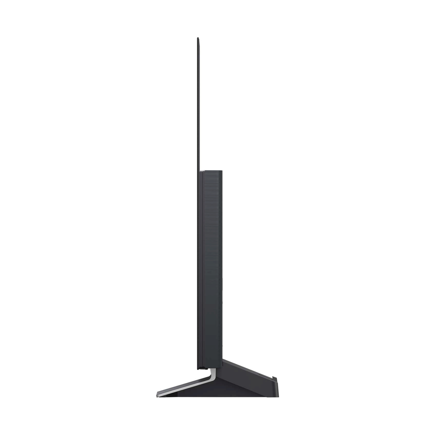 Vista laterale di una TV nera su sfondo bianco. La TV ha un supporto e un design sottile.