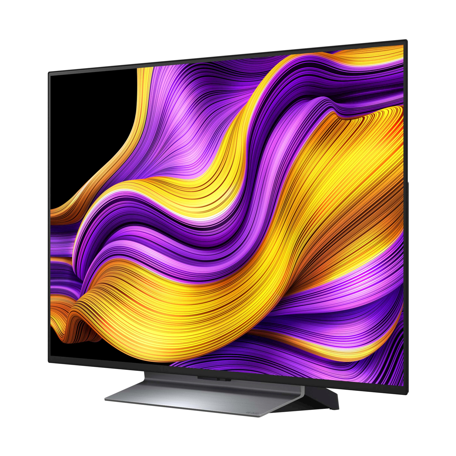 Uno schermo TV con forme astratte gialle e viola su un supporto argentato.