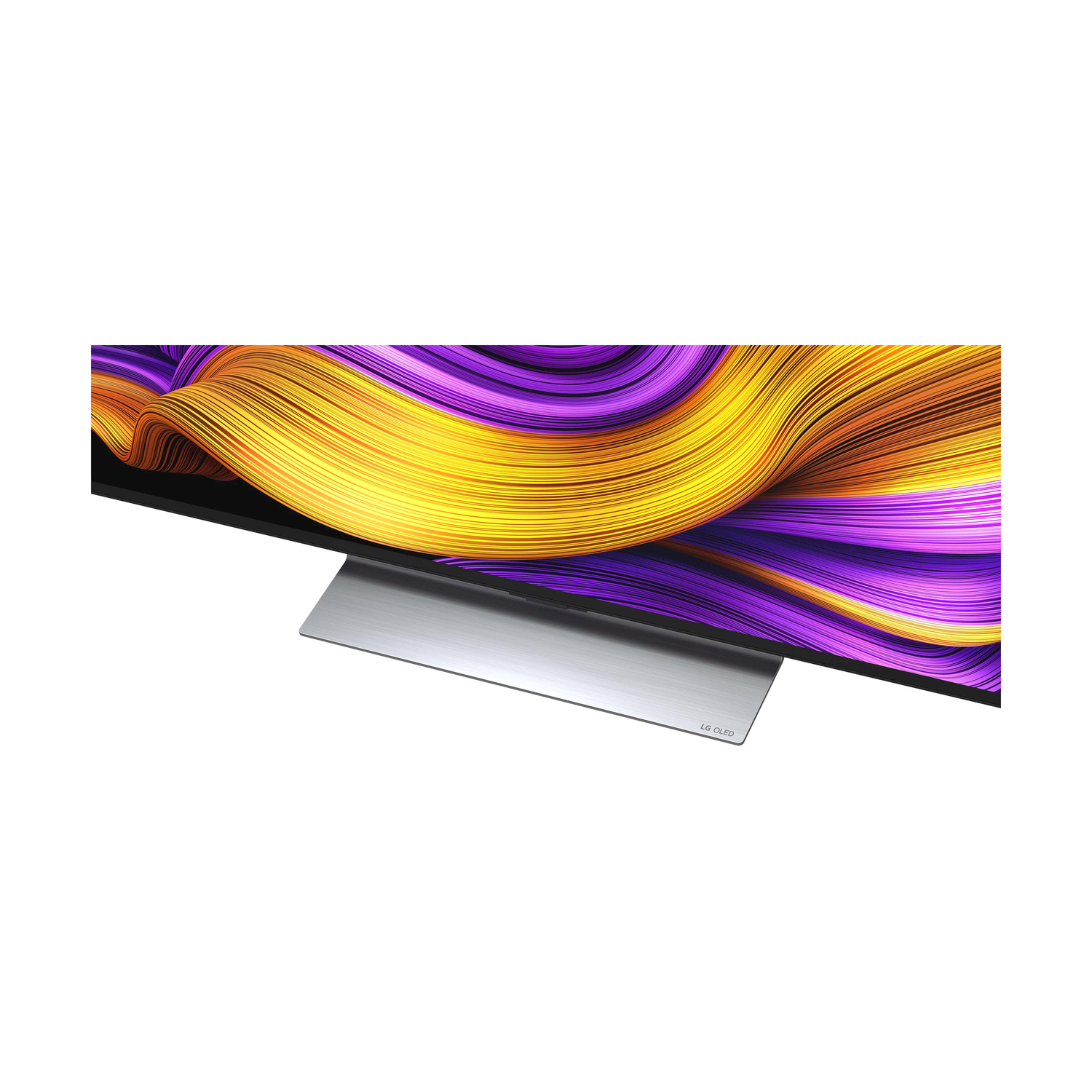 Primo piano di un supporto TV argentato metallico con il logo LG.