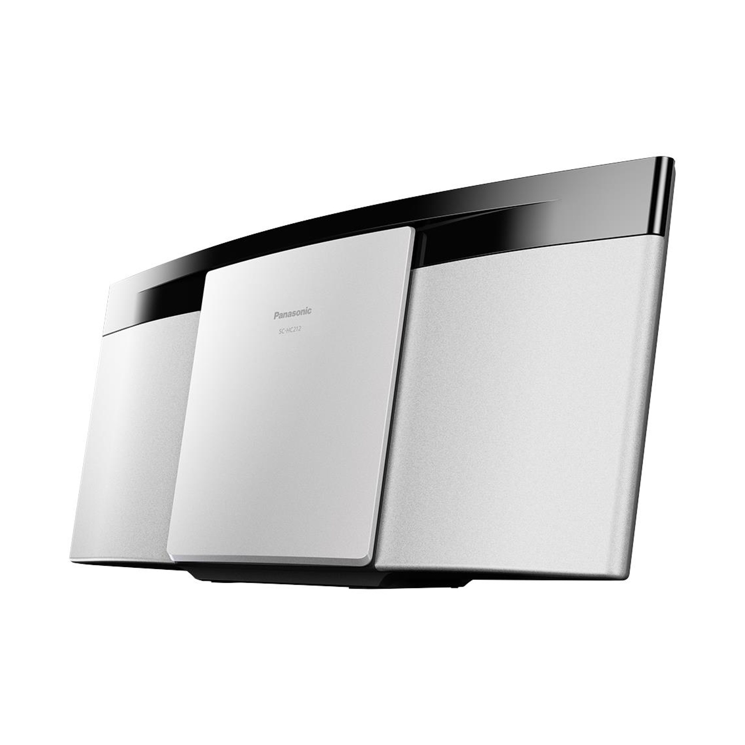 Sistema audio Panasonic argento e bianco. Il dispositivo ha un design curvo con parte superiore nera e frontale bianco.