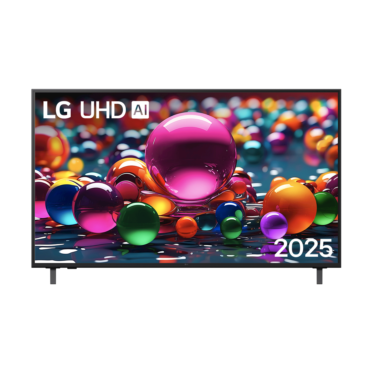 TV LG UHD AI con sfere colorate davanti allo schermo e il numero 2025 in basso.