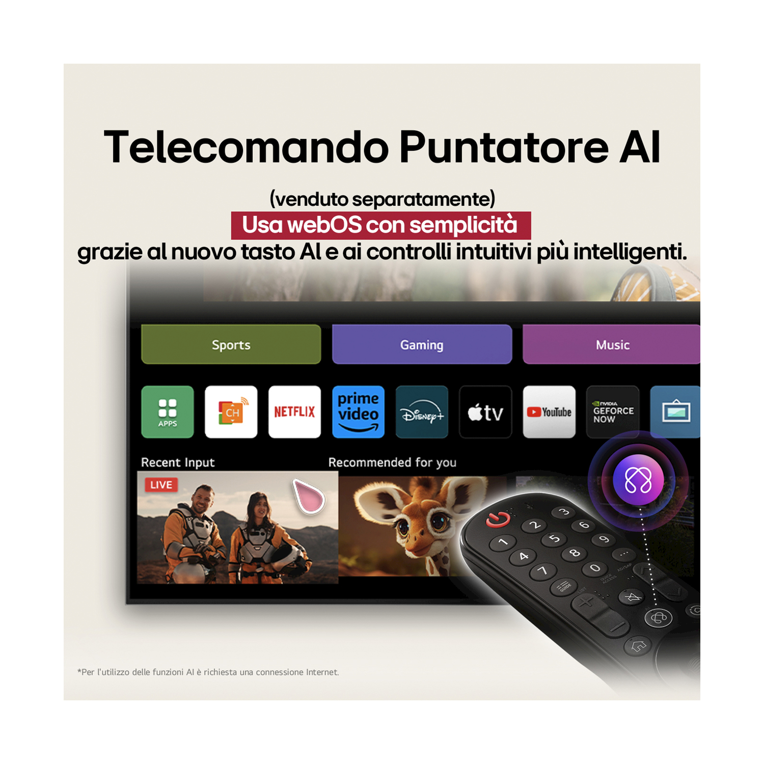 Schermo TV con app e telecomando, che mostra l'interfaccia del servizio di streaming. Testo su webOS.