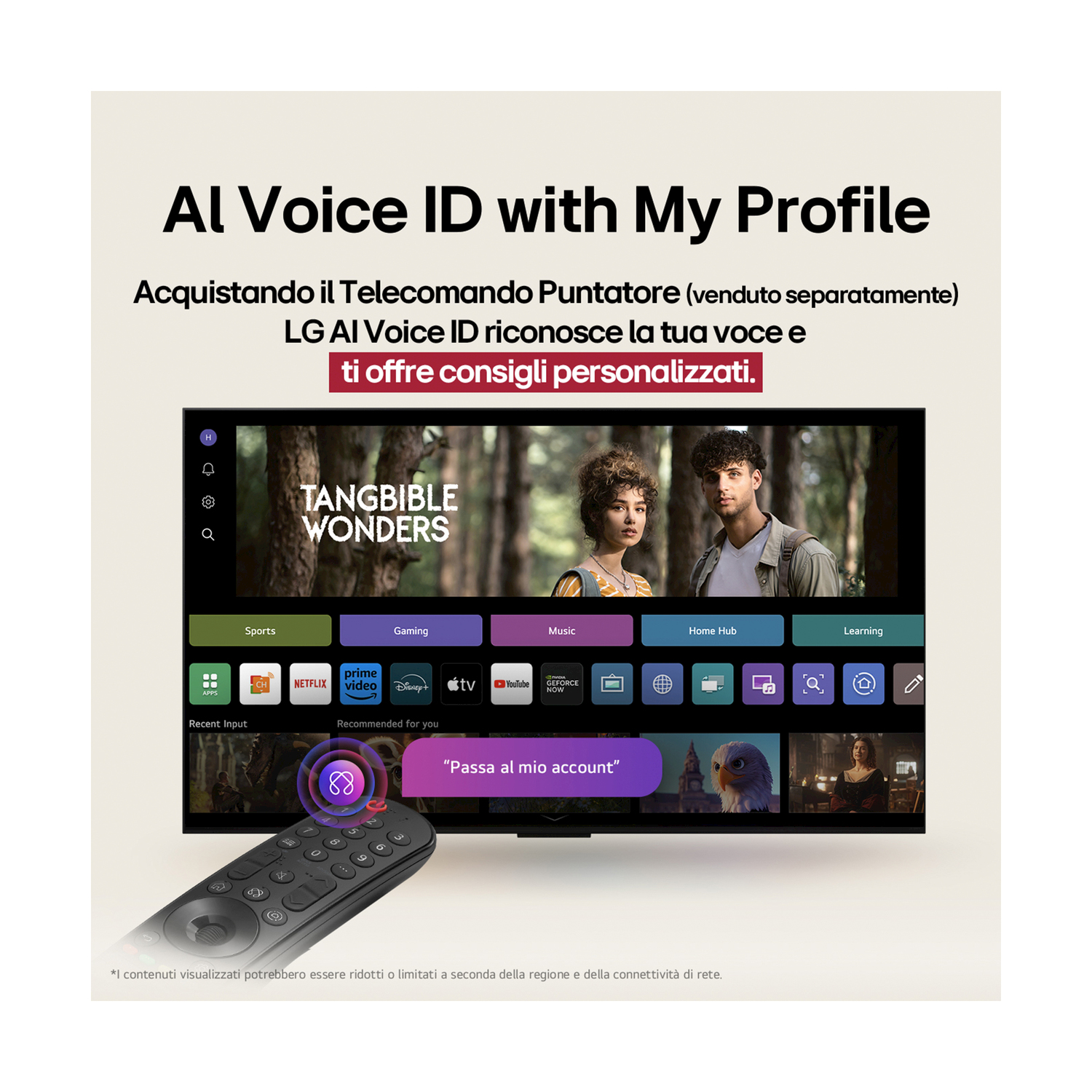 Schermo TV che mostra uno spettacolo, con telecomando e icone dell'interfaccia.