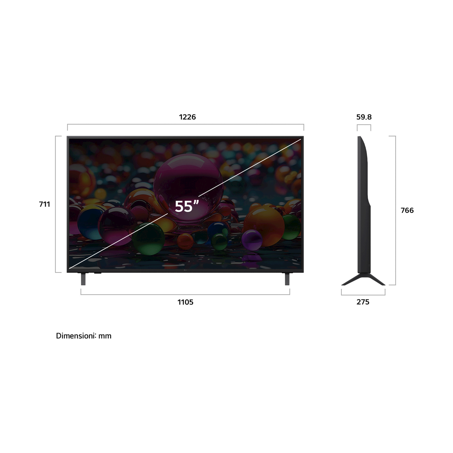 Diagramma di una TV da 55 pollici con dimensioni in millimetri e vista laterale.