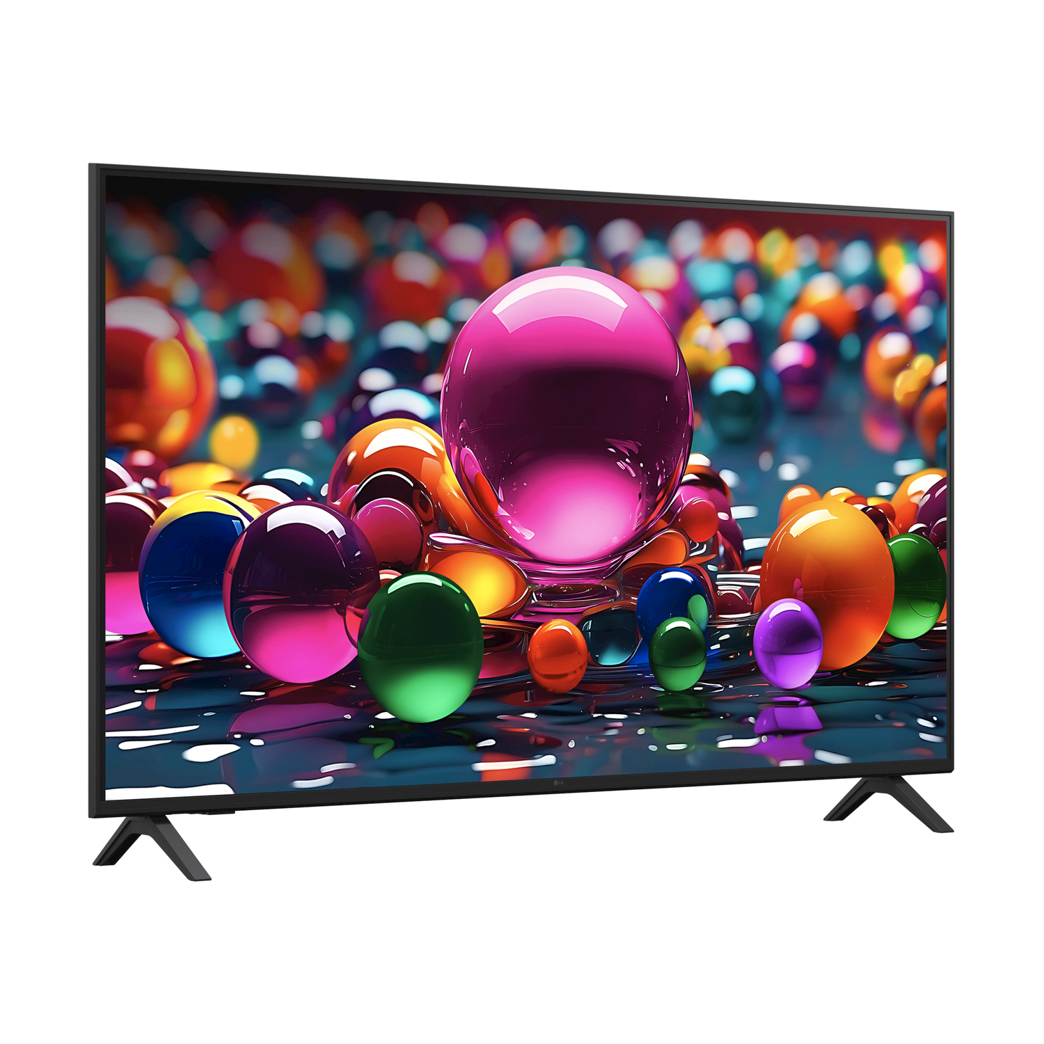 TV con sfere colorate, supporto nero.