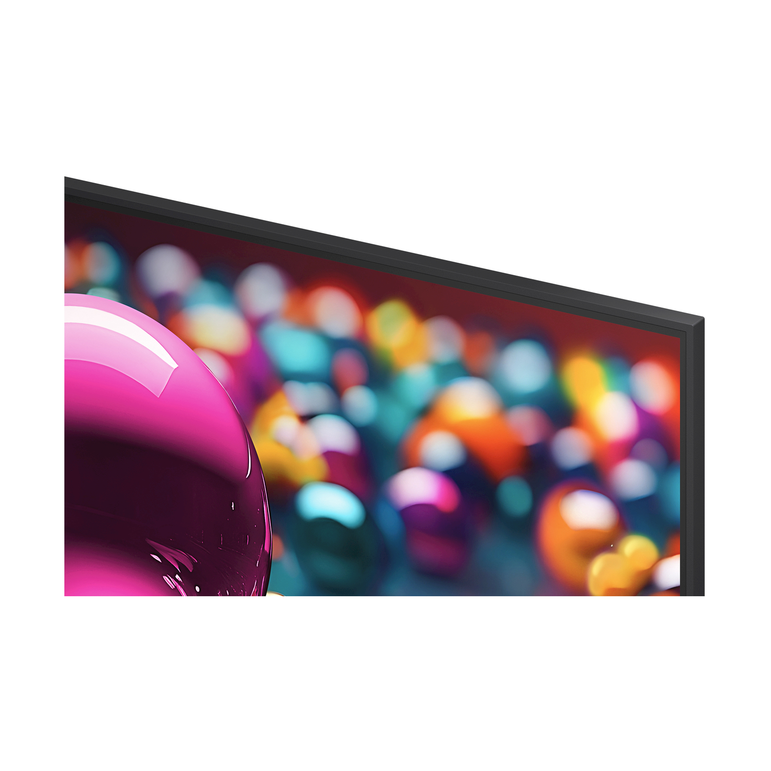 Un primo piano di uno schermo TV che mostra forme astratte e colorate e una cornice nera.