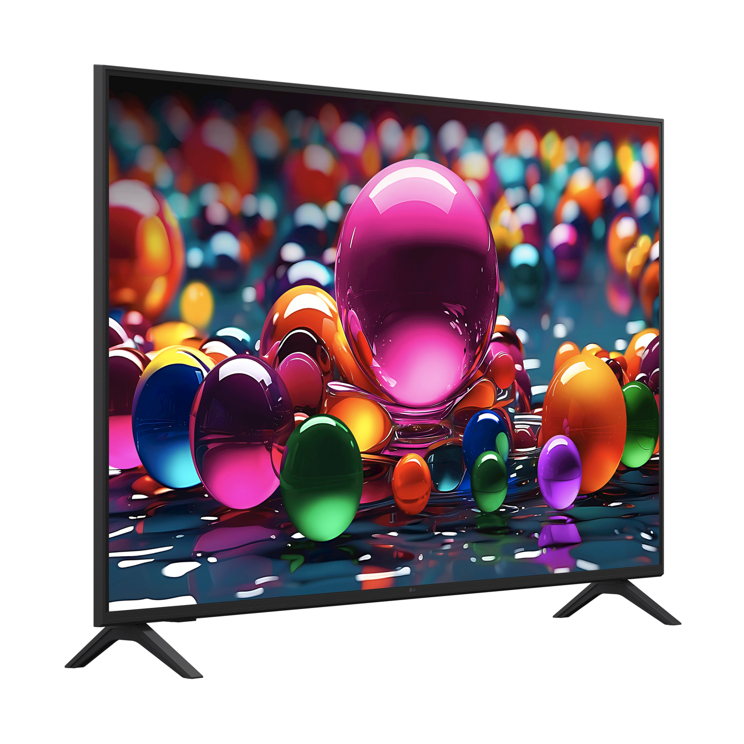 Schermo TV con forme colorate, lucide, a forma di bolla. La TV è su un supporto.