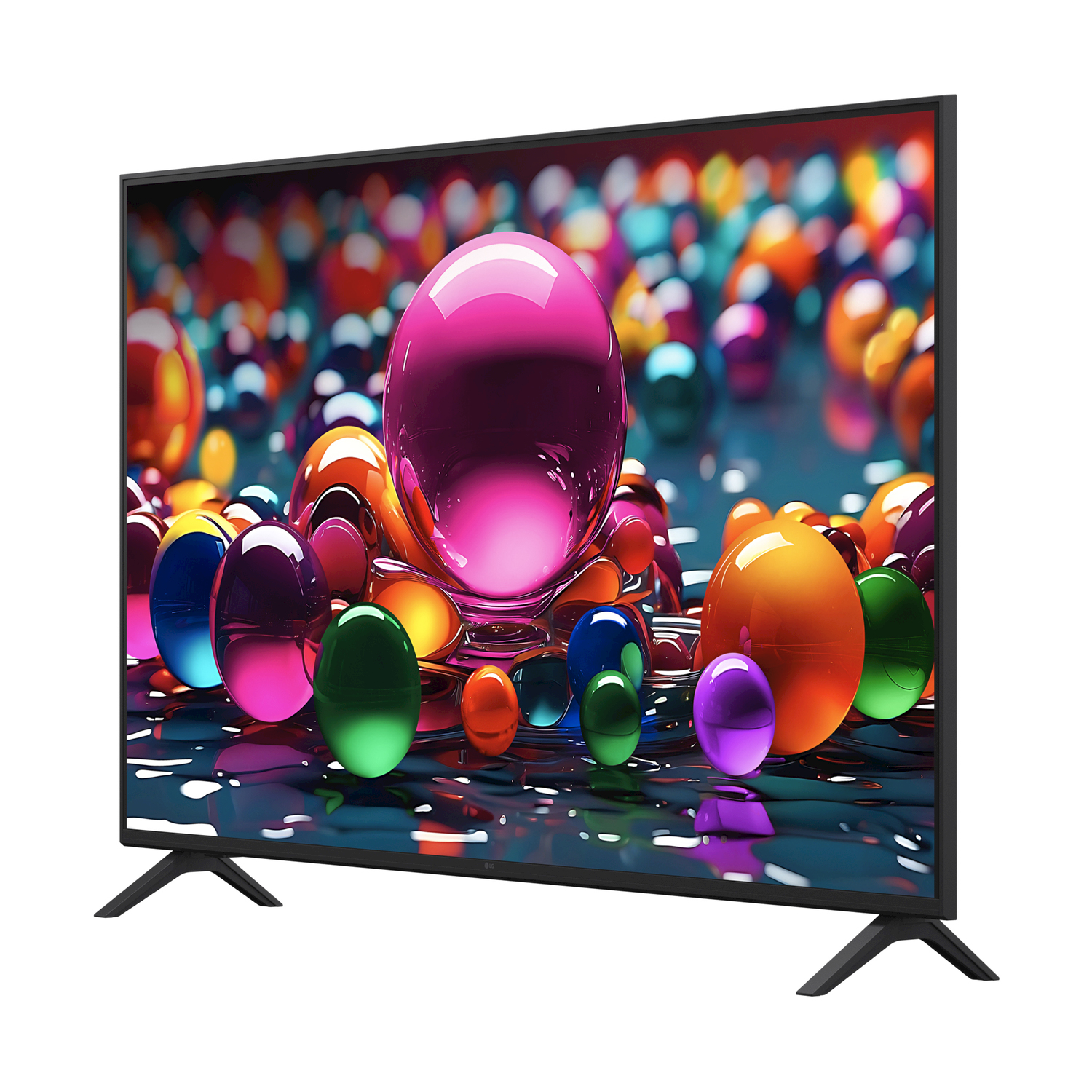 TV che mostra sfere colorate su sfondo bianco.