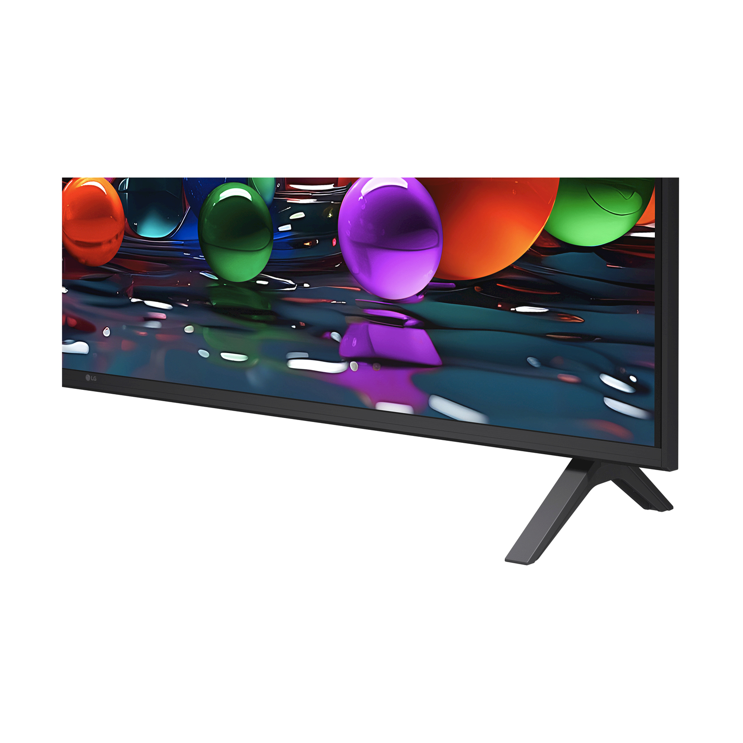 Una TV mostra globi colorati sullo schermo. La TV è su un supporto, sfondo bianco.