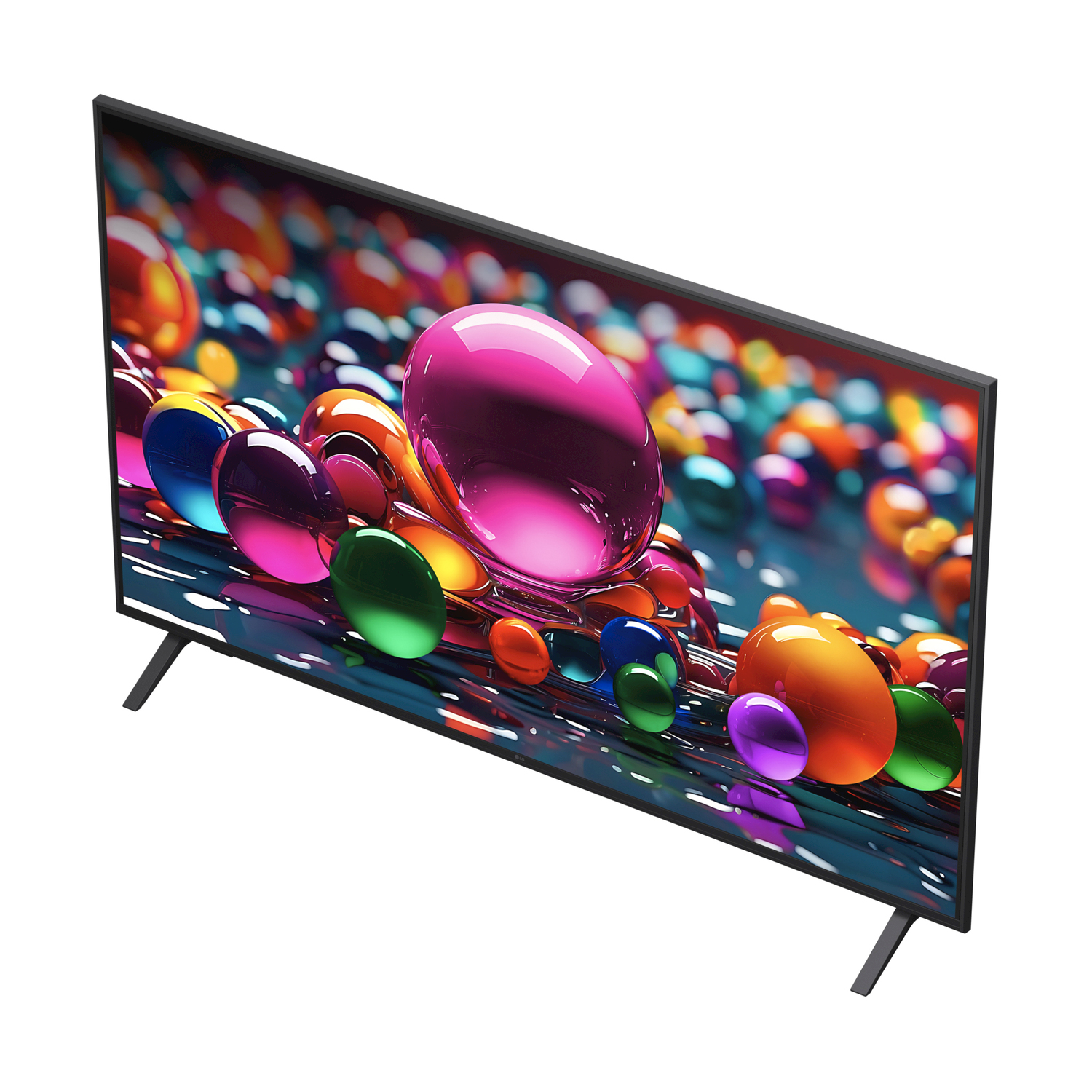 Un schermo TV mostra forme astratte e colorate. La TV è su una superficie bianca.