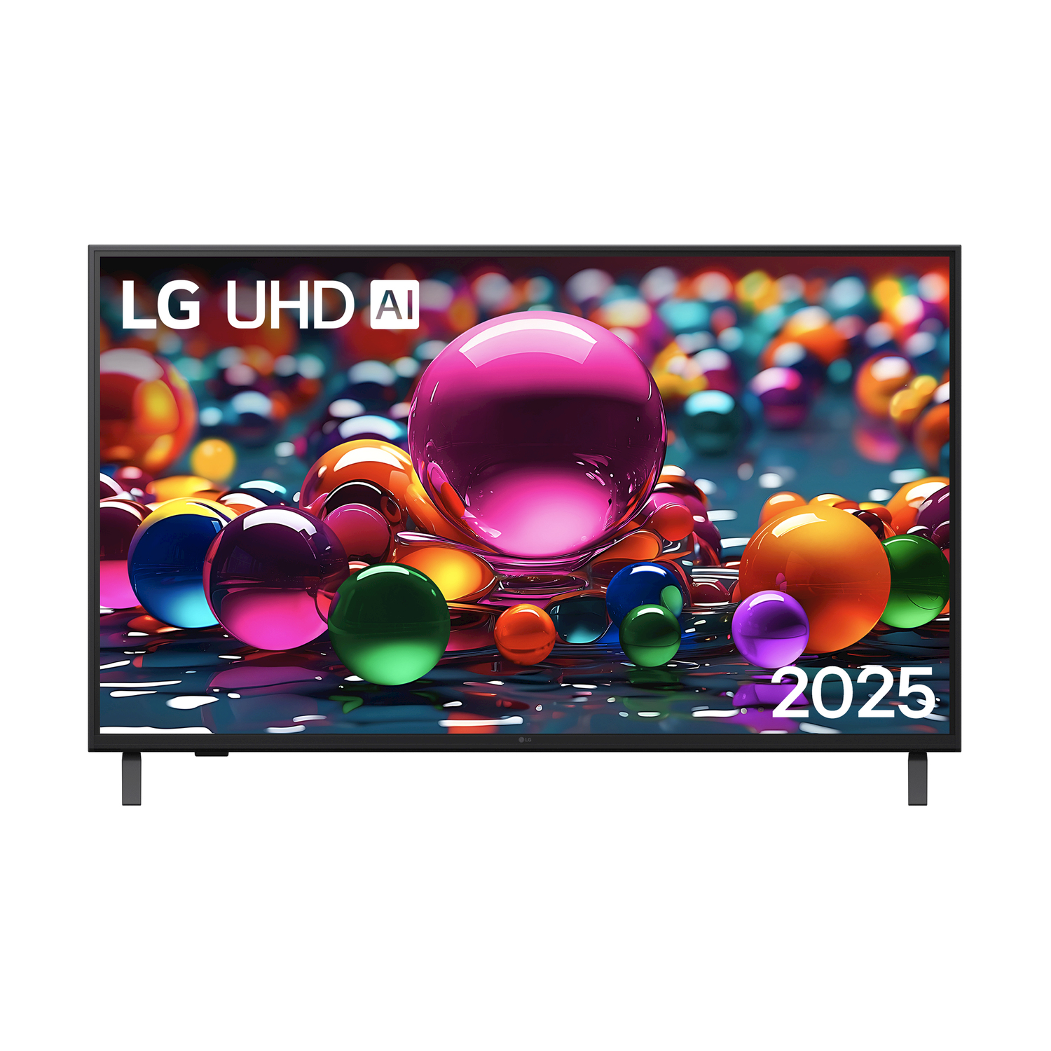 TV LG UHD AI con sfere colorate. L'anno 2025 è in basso sullo schermo.
