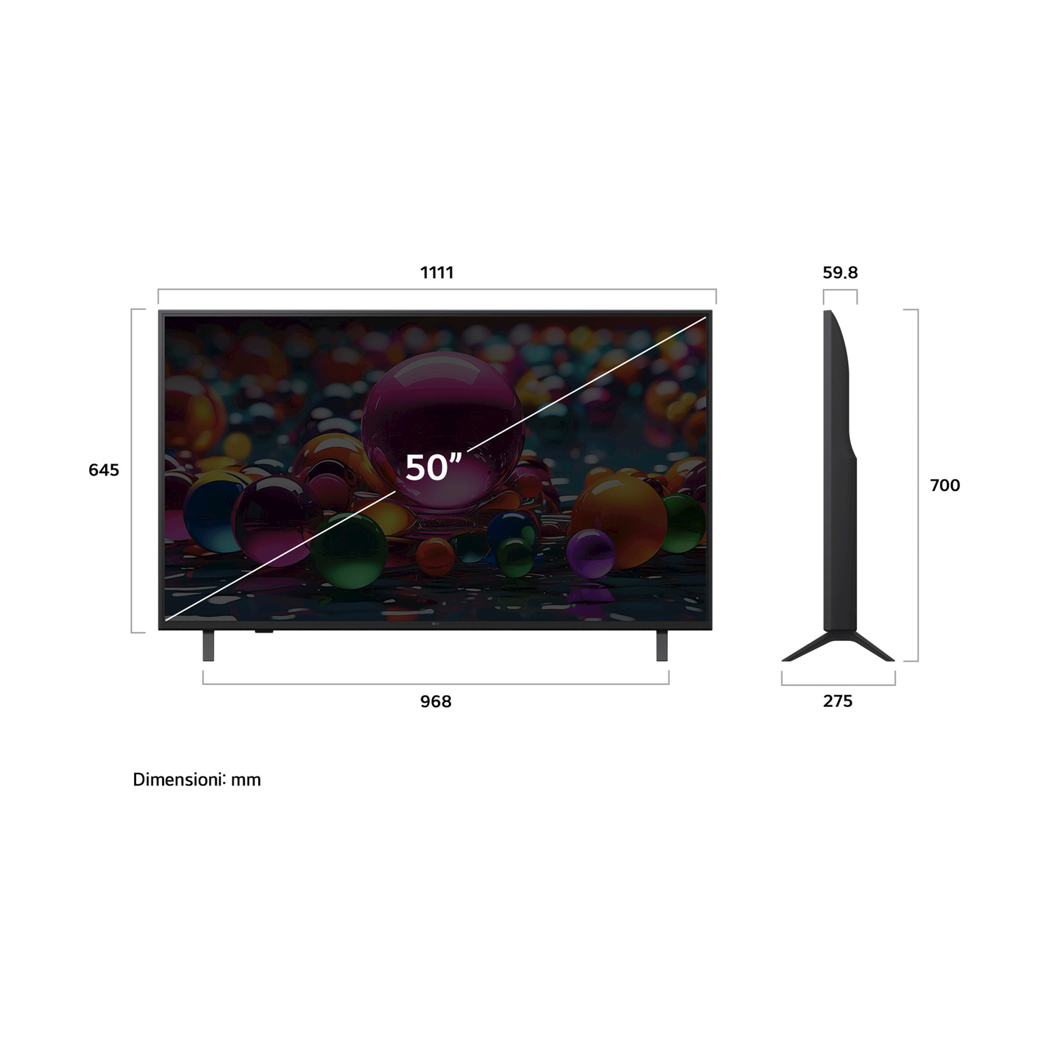 TV da 50 pollici con misure. Cornice nera. Lo schermo mostra un'immagine astratta colorata.