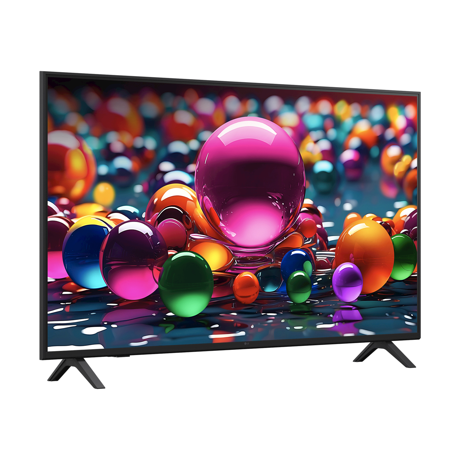 TV che mostra sfere colorate su uno sfondo blu scuro.