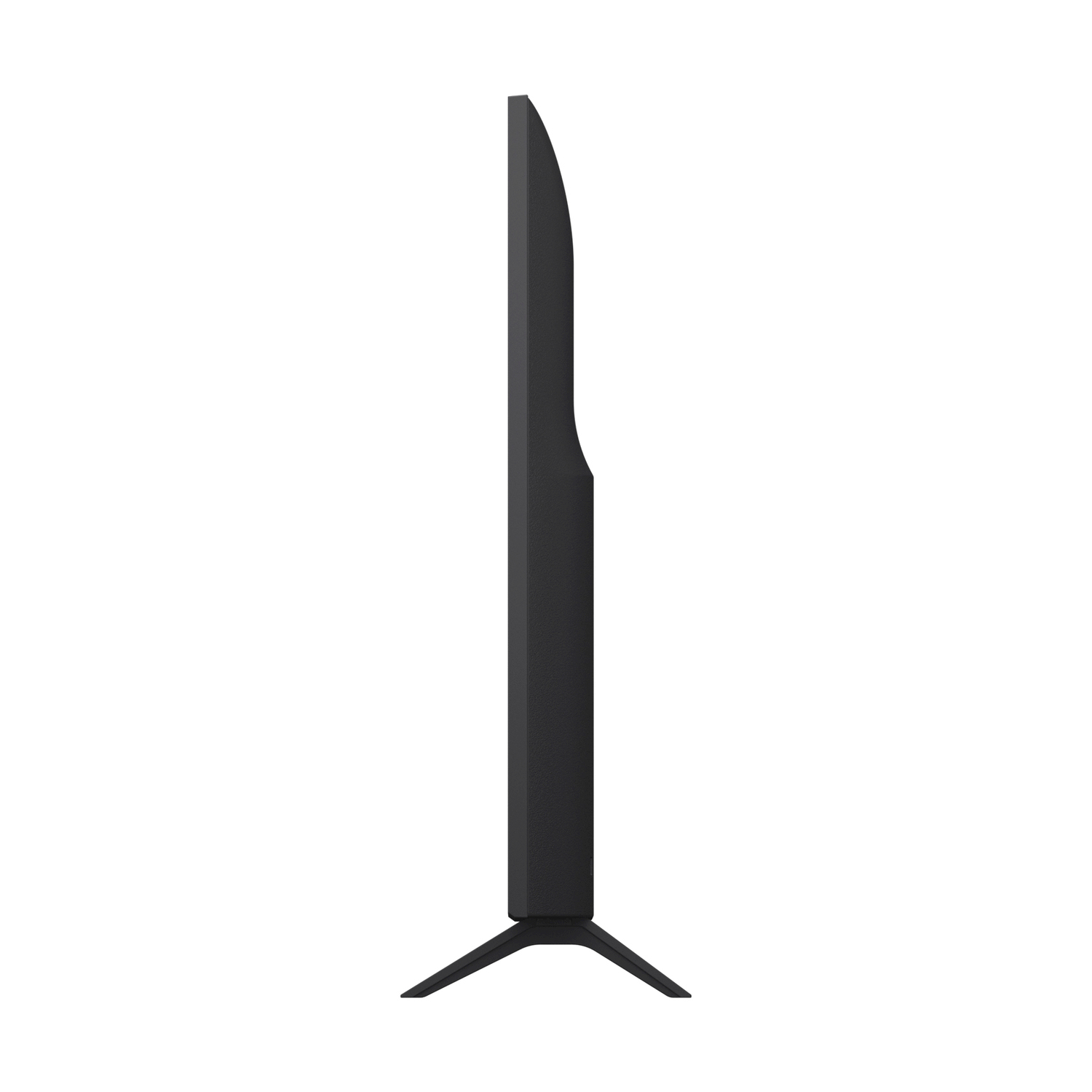 Una vista laterale di un'elegante TV nera su un supporto, che mostra il profilo sottile e la base.